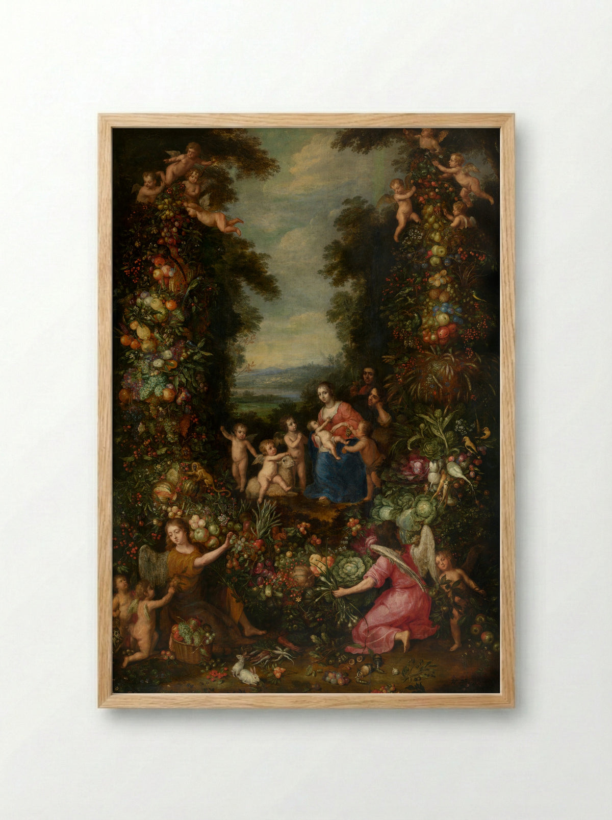 The Holy Family with Angels and Garland of Fruit - Pieter van Avont - Framed Print Wood