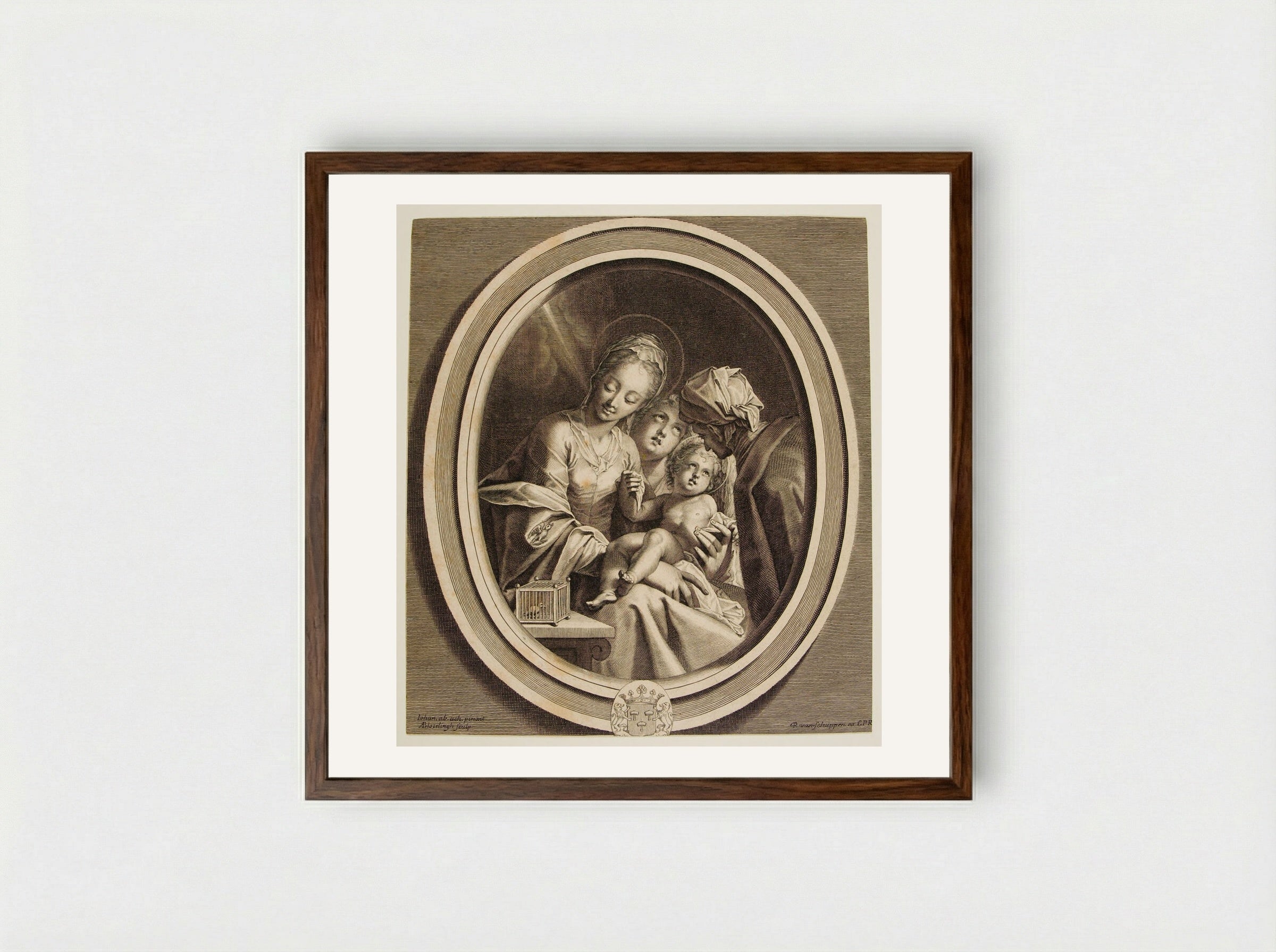 The Holy Family with Bird Cage - Abraham Bloteling - Framed Print Dark Wood
