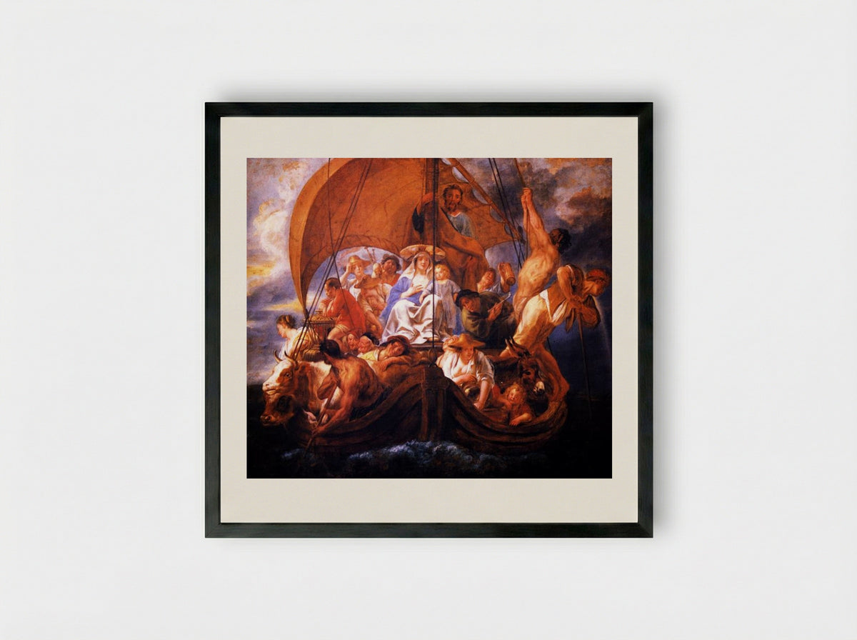 The Holy Family with Characters and Animals in a Boat - Jacob Jordaens - Framed Print Black