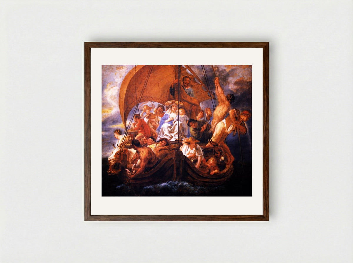 The Holy Family with Characters and Animals in a Boat - Jacob Jordaens - Framed Print Dark Wood