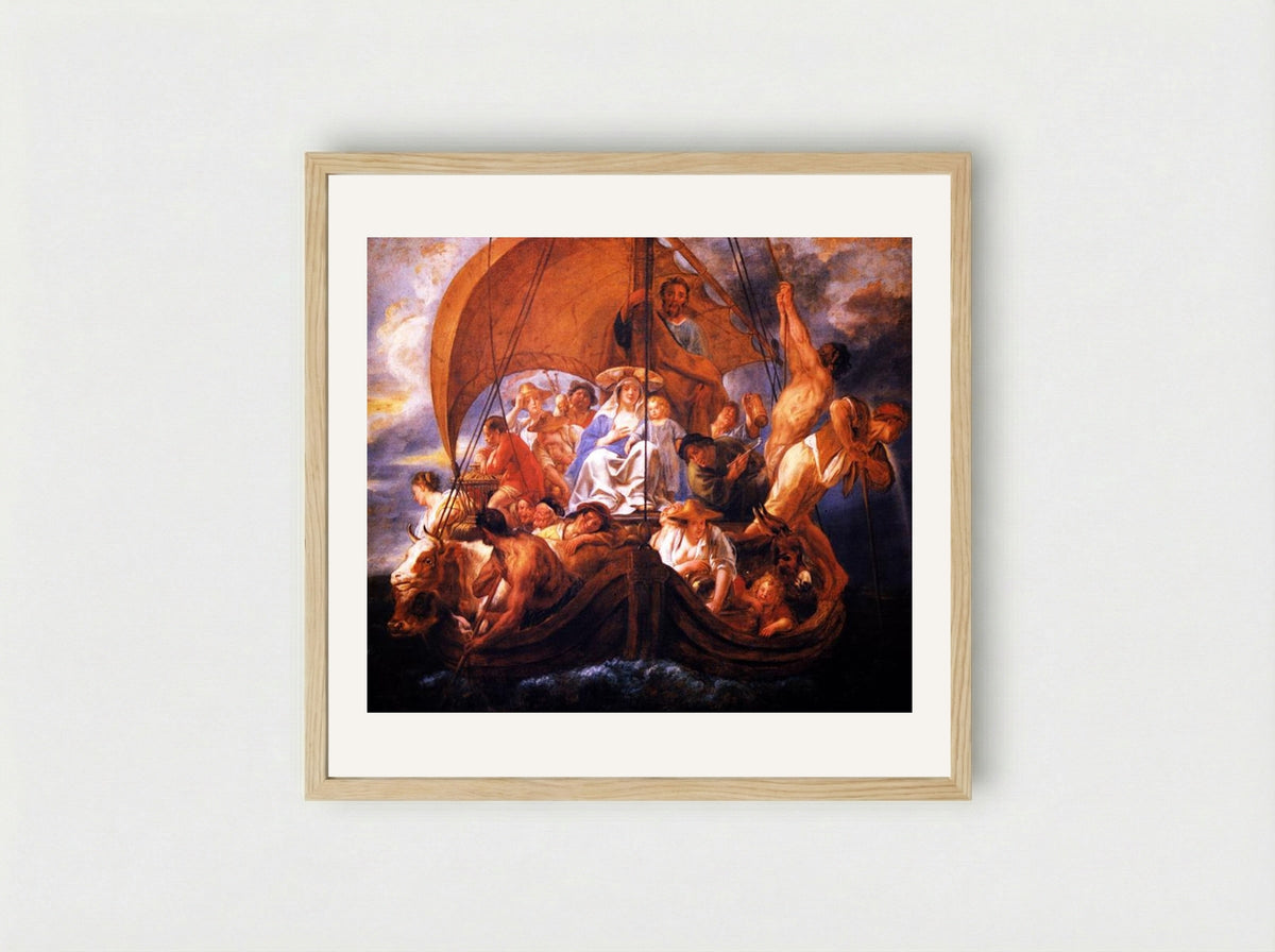 The Holy Family with Characters and Animals in a Boat - Jacob Jordaens - Framed Print Wood