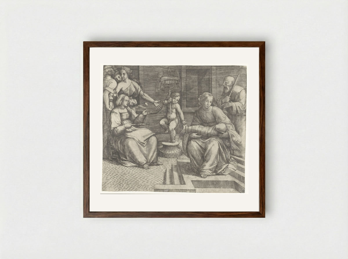 The Holy Family with Saint Elizabeth and the Infant Saint John the Baptist - Giacomo Francia - Framed Print Dark Wood