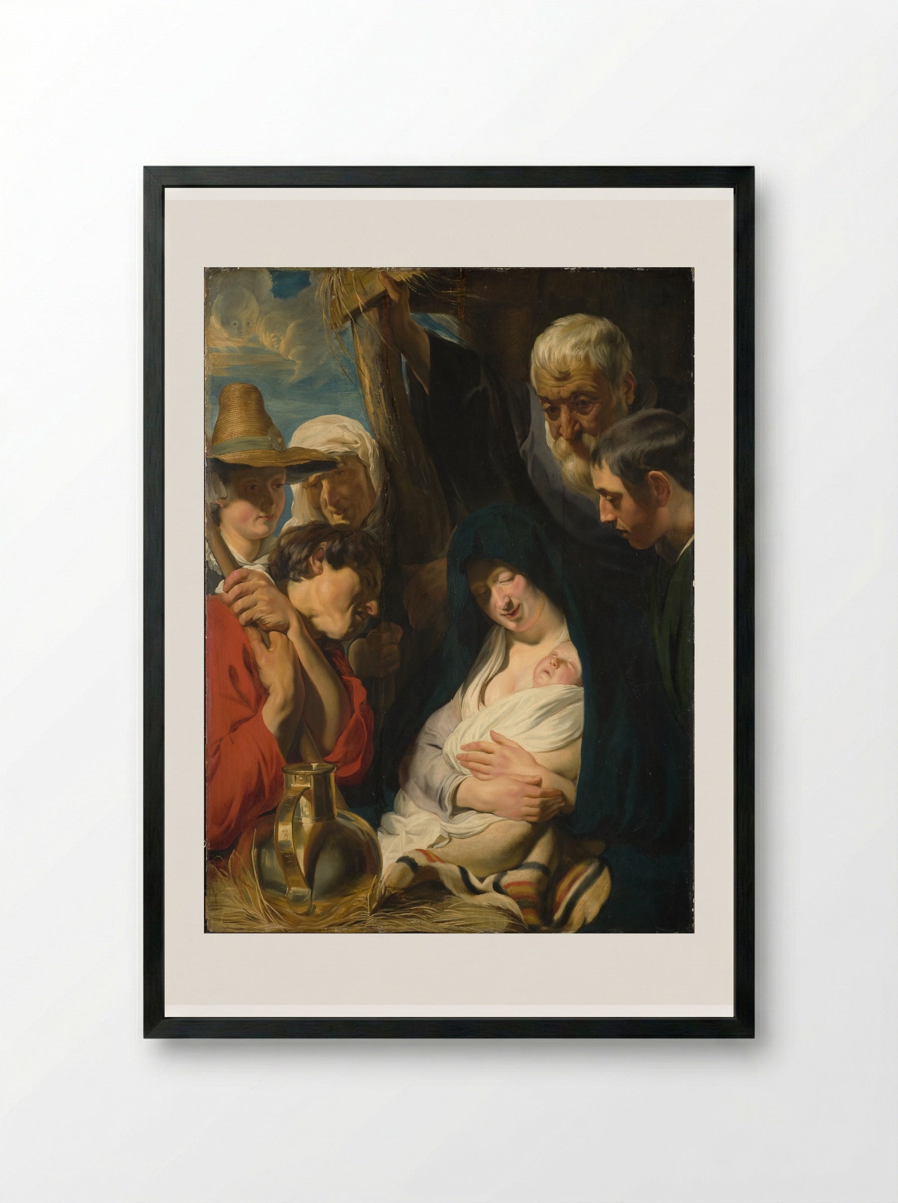 The Holy Family with Shepherds - Jacob Jordaens - Framed Print Black