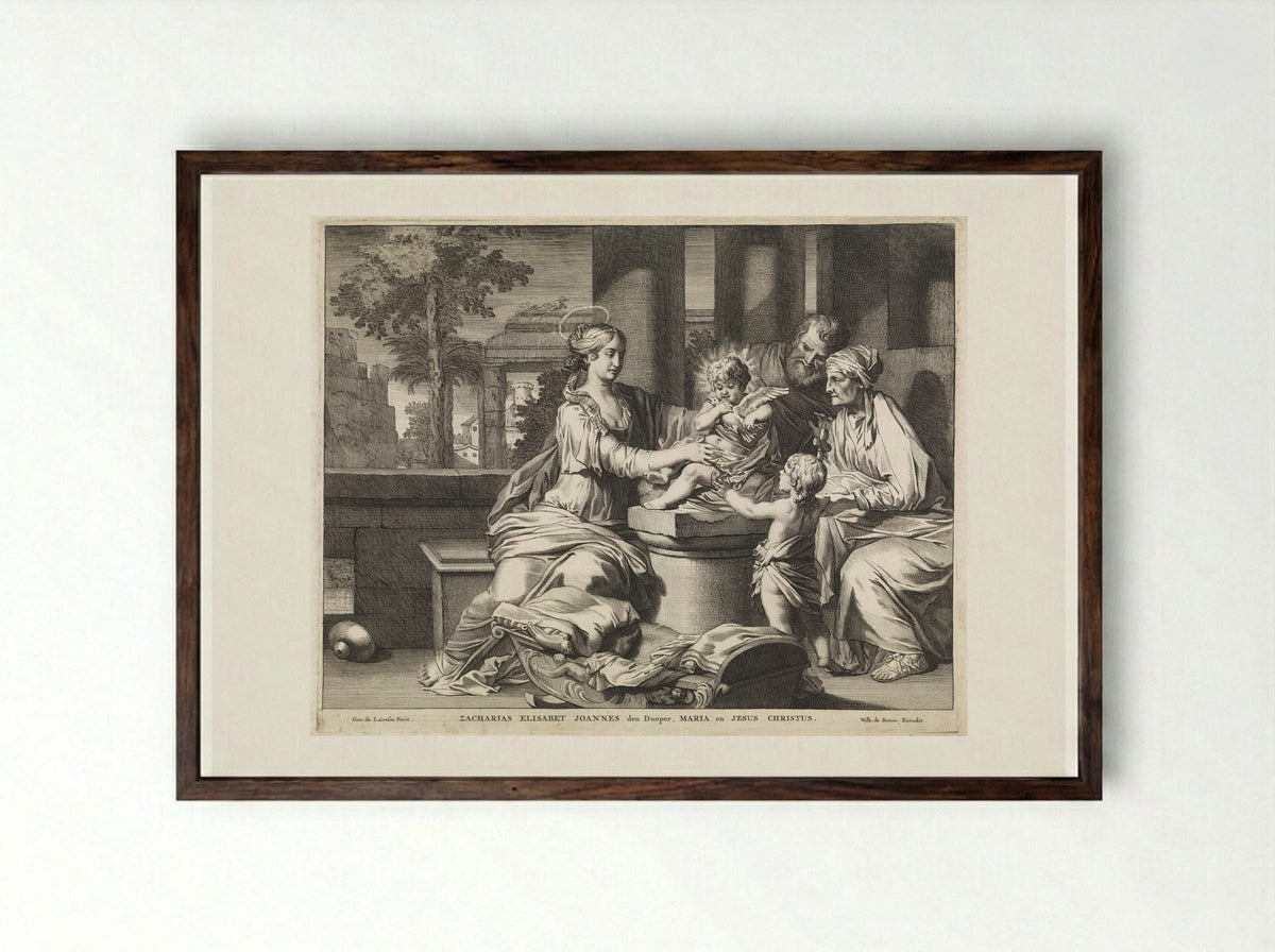 The Holy Family with Zacharias, Elizabeth and John the Baptist - Matthijs Pool - Framed Print Dark Wood