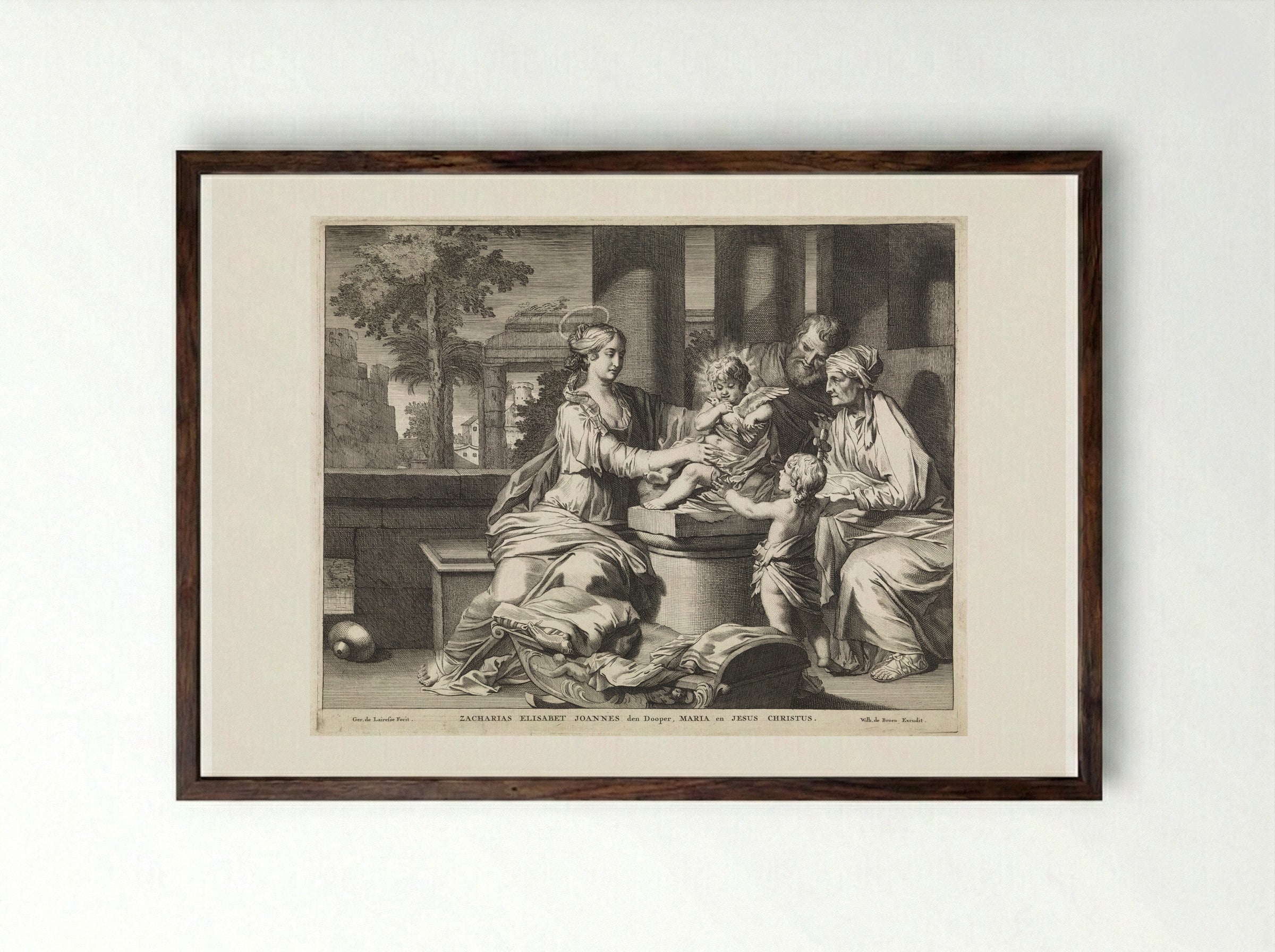 The Holy Family with Zacharias, Elizabeth and John the Baptist - Matthijs Pool - Framed Print Dark Wood