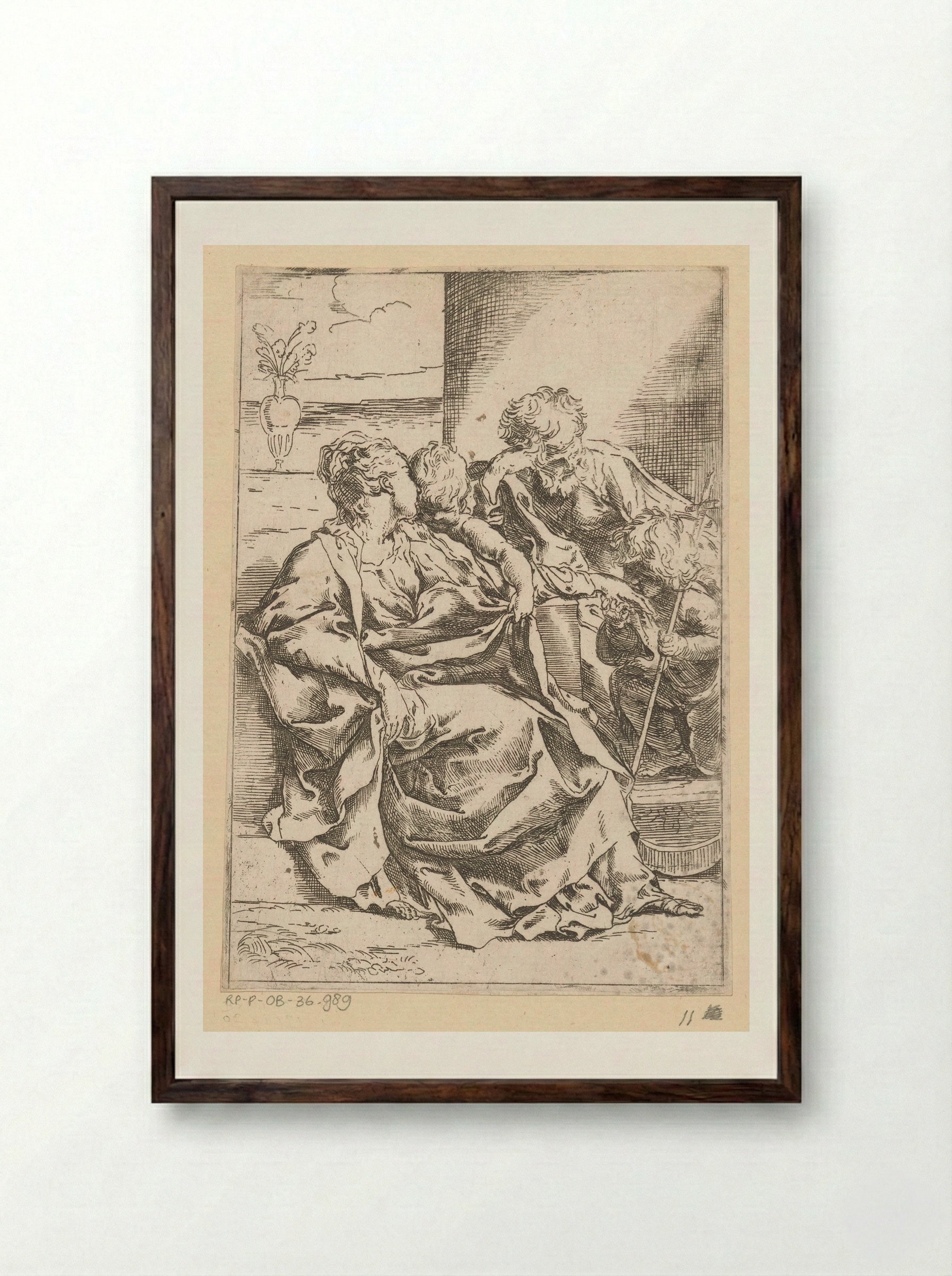 The Holy Family with the Infant Saint John the Baptist and a Vase - Guido Reni - Framed Print Dark Wood