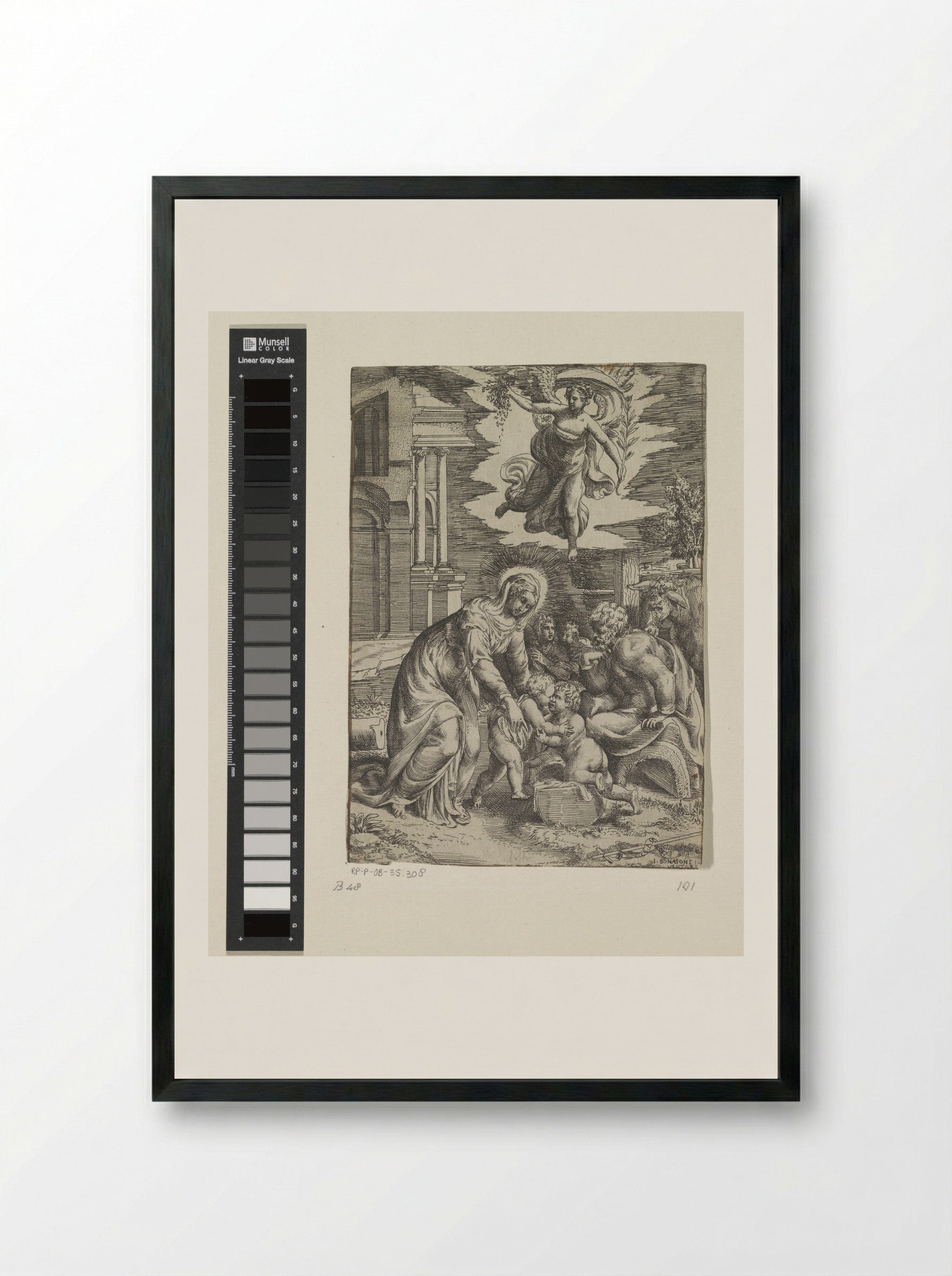 The Holy Family with the Infant Saint John the Baptist and an Angel - Giulio Bonasone - Framed Print Black