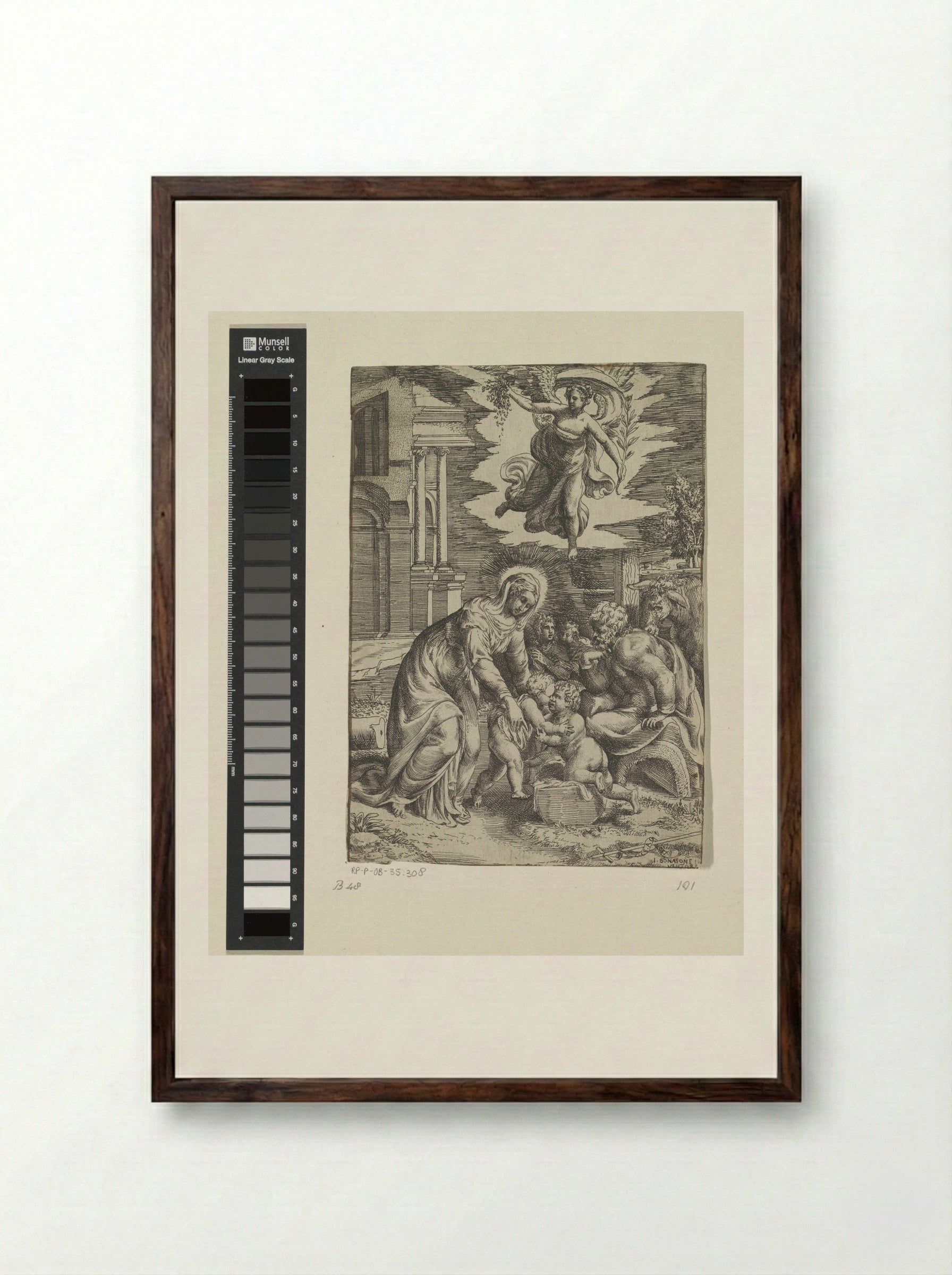 The Holy Family with the Infant Saint John the Baptist and an Angel - Giulio Bonasone - Framed Print Dark Wood