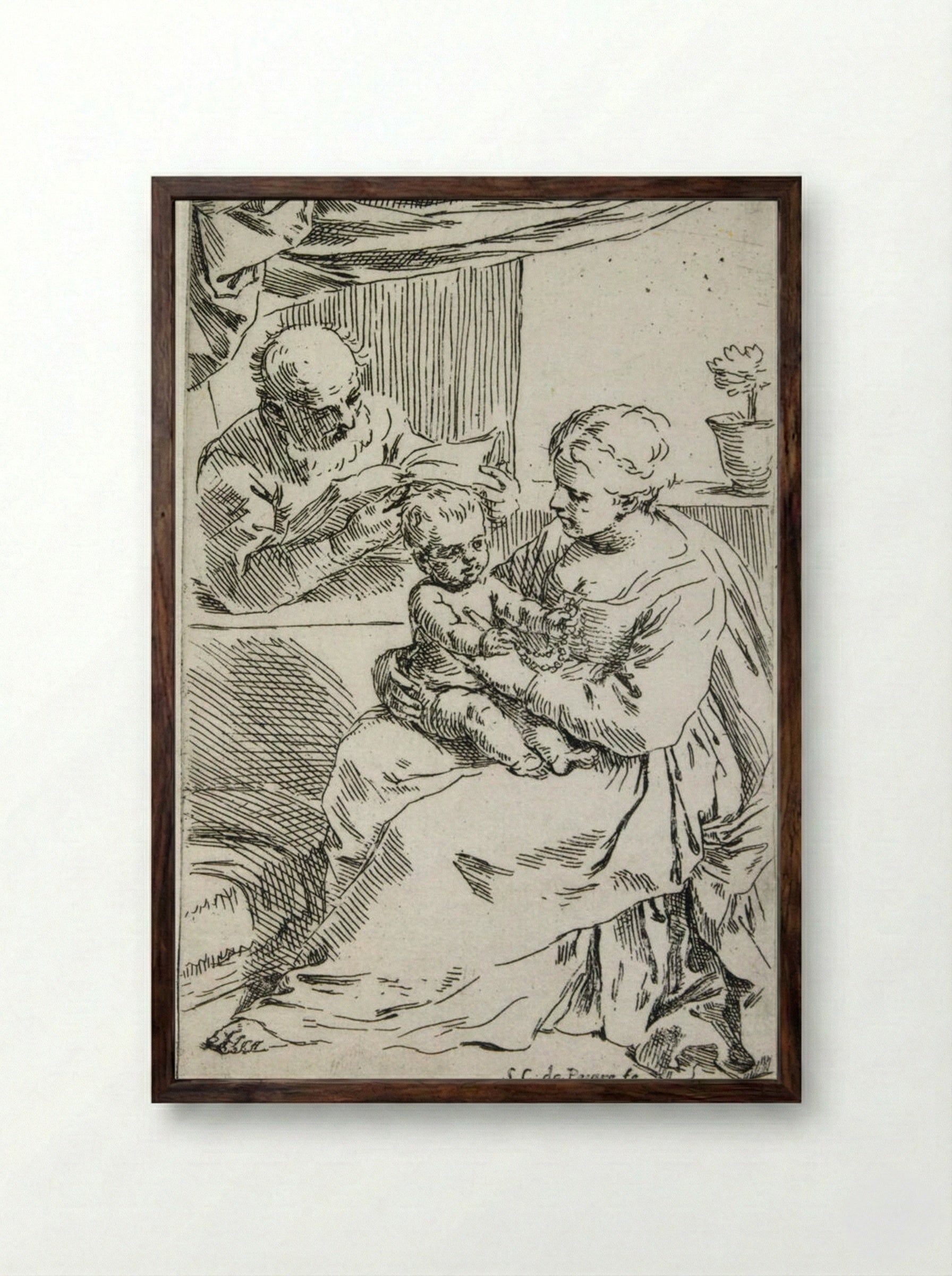 The Holy Family with the Rosary - Simone Cantarini - Framed Print Dark Wood