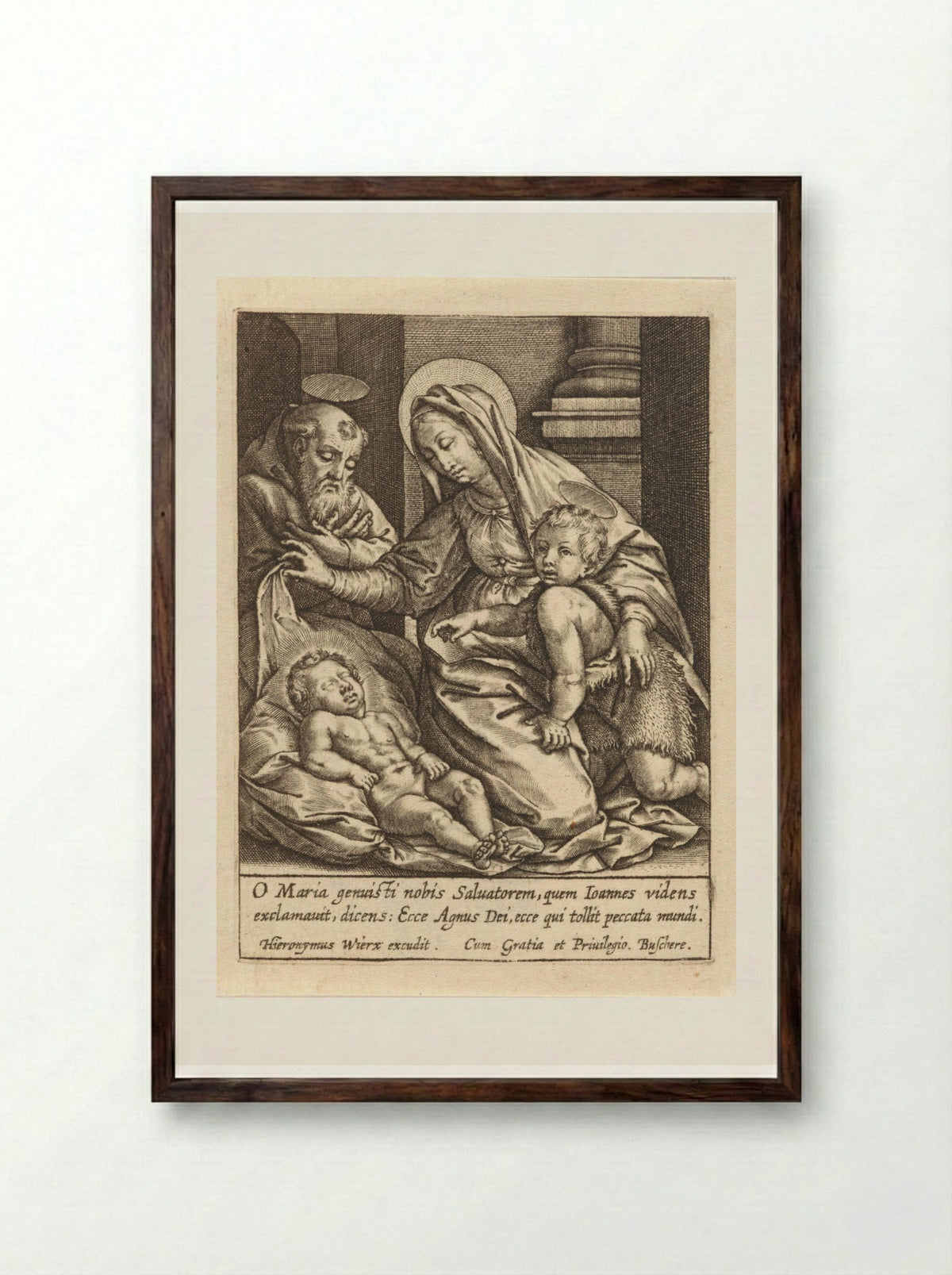 The Holy Family with the Sleeping Christ Child - Hieronymus Wierix - Framed Print Dark Wood