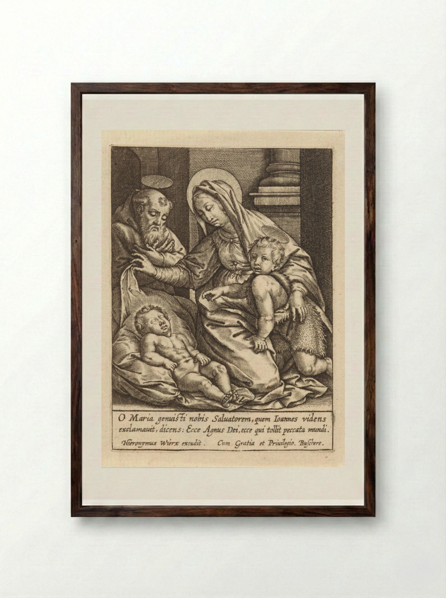 The Holy Family with the Sleeping Christ Child - Hieronymus Wierix - Framed Print Dark Wood