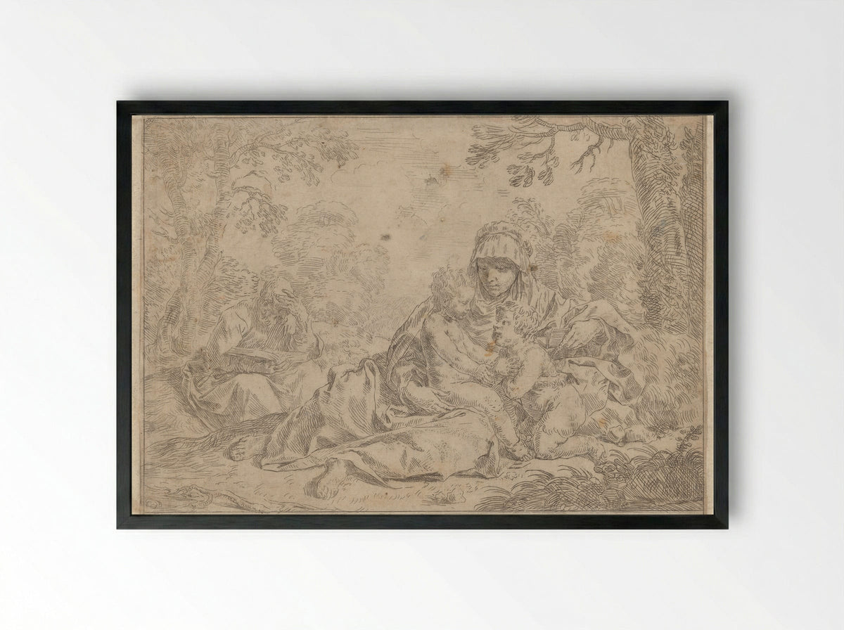The Holy Family with the Young Saint John the Baptist - Simone Cantarini - Framed Print Black