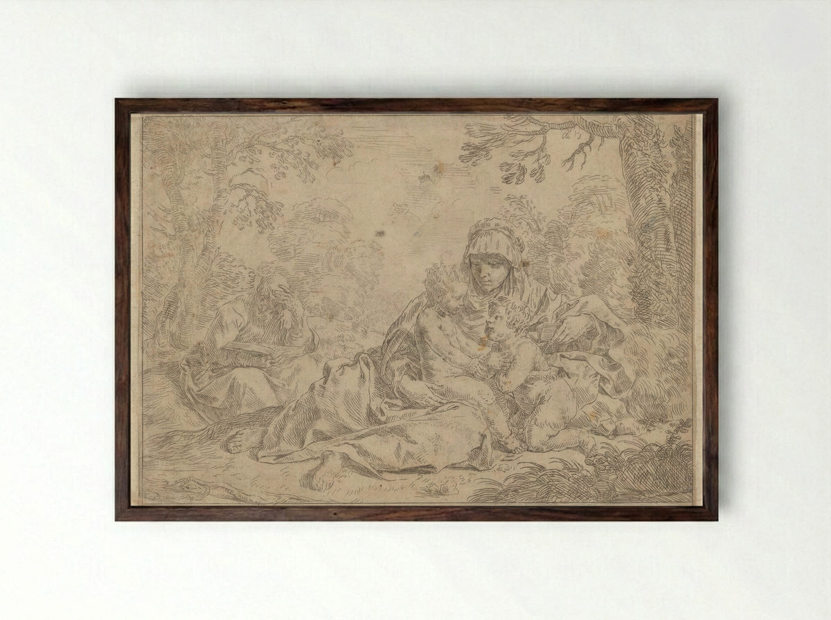 The Holy Family with the Young Saint John the Baptist - Simone Cantarini - Framed Print Dark Wood
