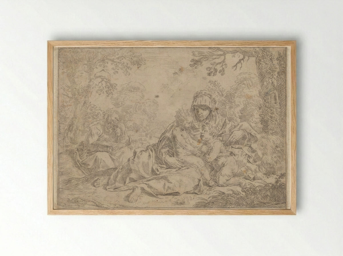 The Holy Family with the Young Saint John the Baptist - Simone Cantarini - Framed Print Wood