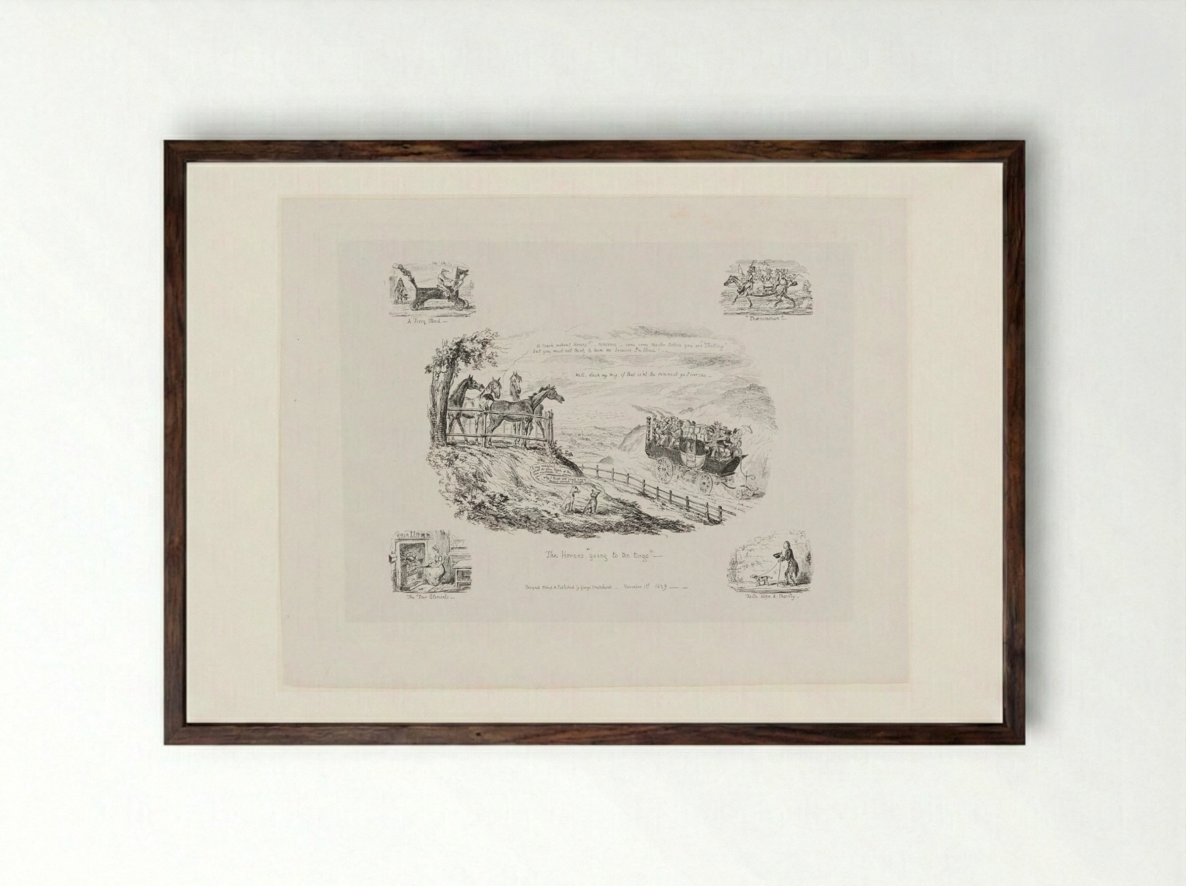 The Horses, Going to the Dogs - George Cruikshank - Framed Print Dark Wood
