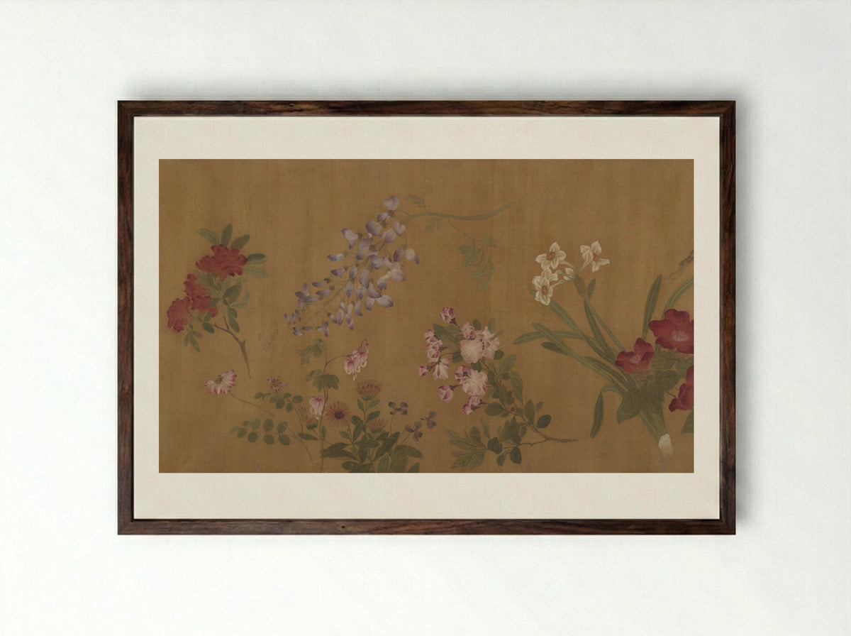 The Hundred Flowers - Wang Yuan - Framed Print Dark Wood