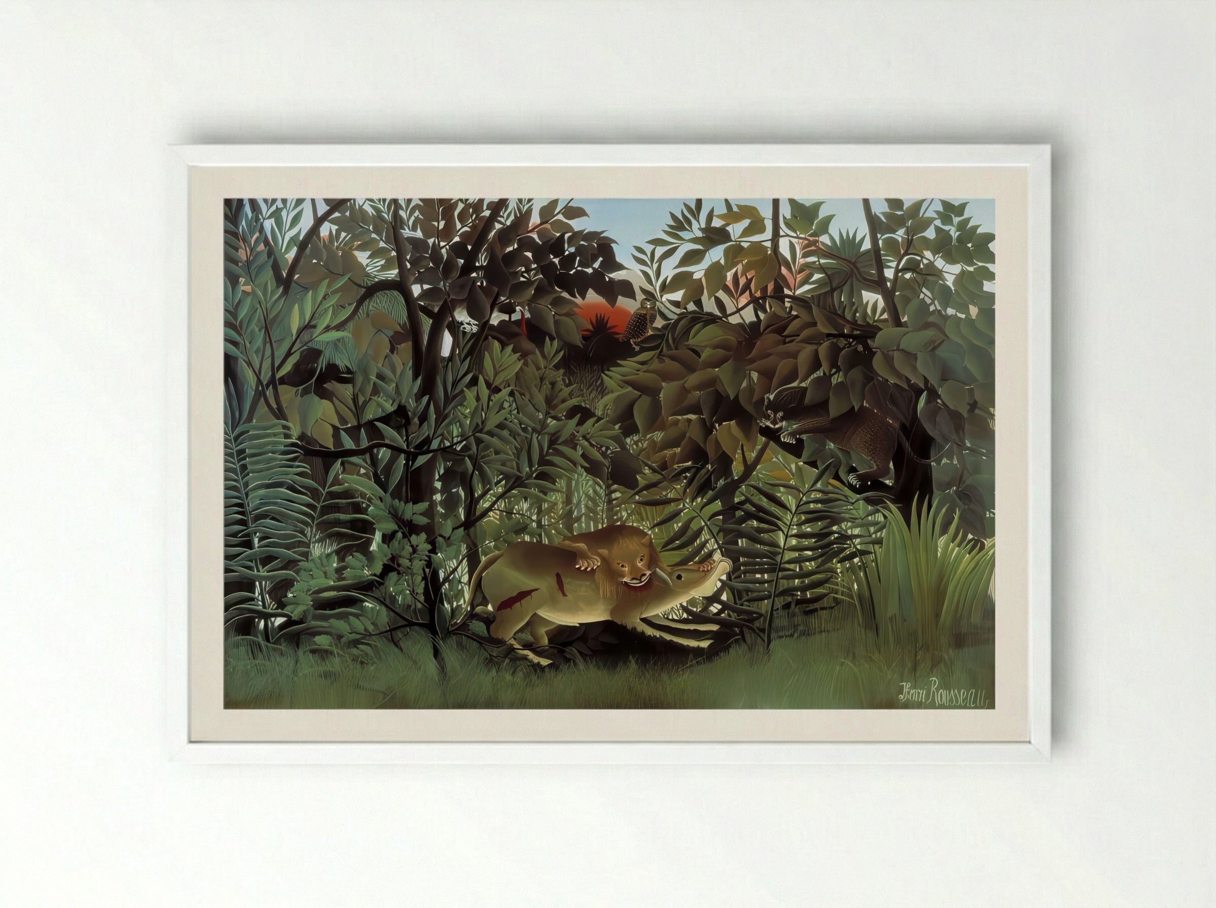 The Hungry Lion Throws Itself on the Antelope by Henri Rousseau – Naïve Art Jungle - Framed Print White