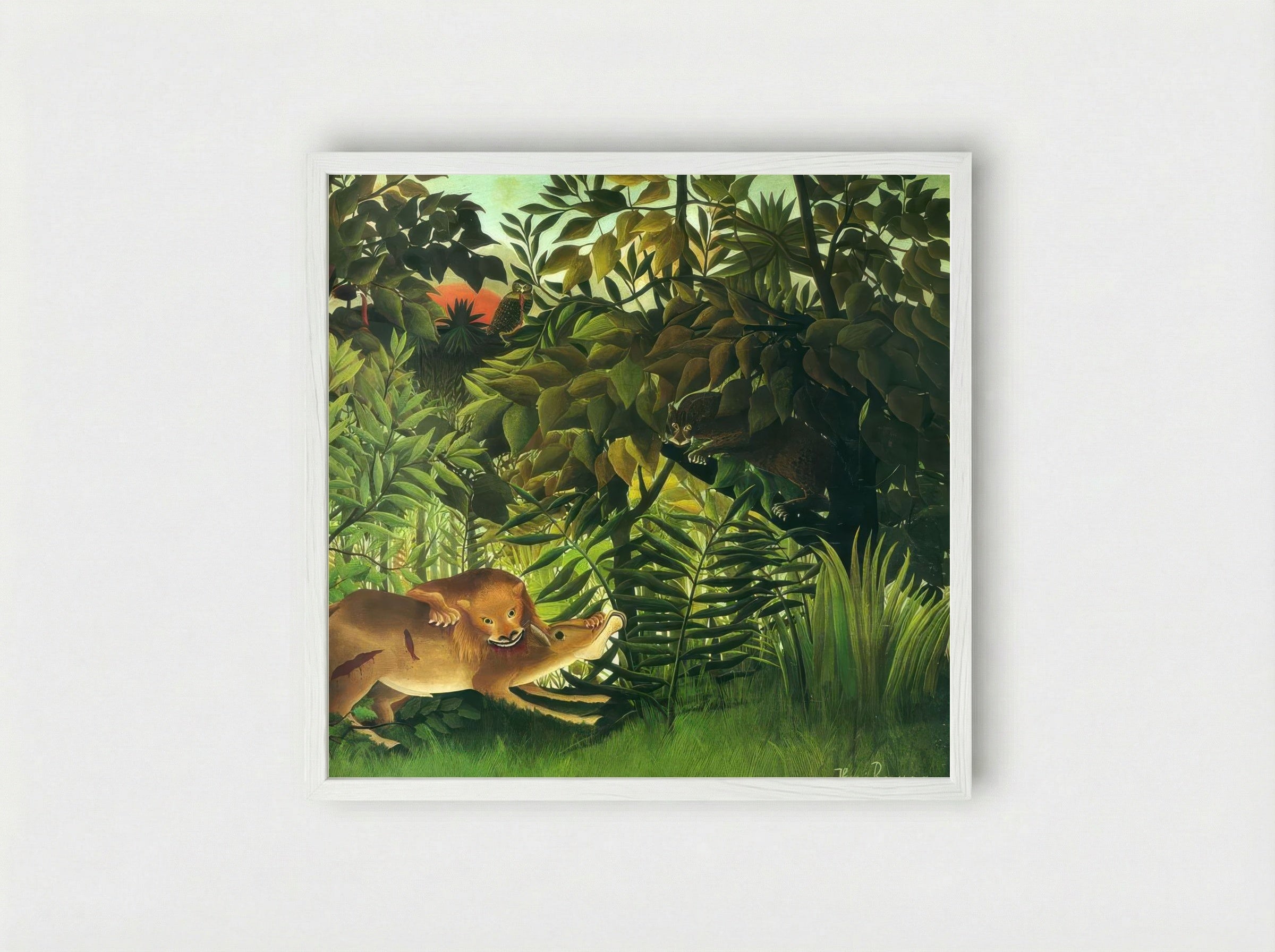 The Hungry Lion by Henri Rousseau – Jungle Wildlife Art Print - Framed Print White