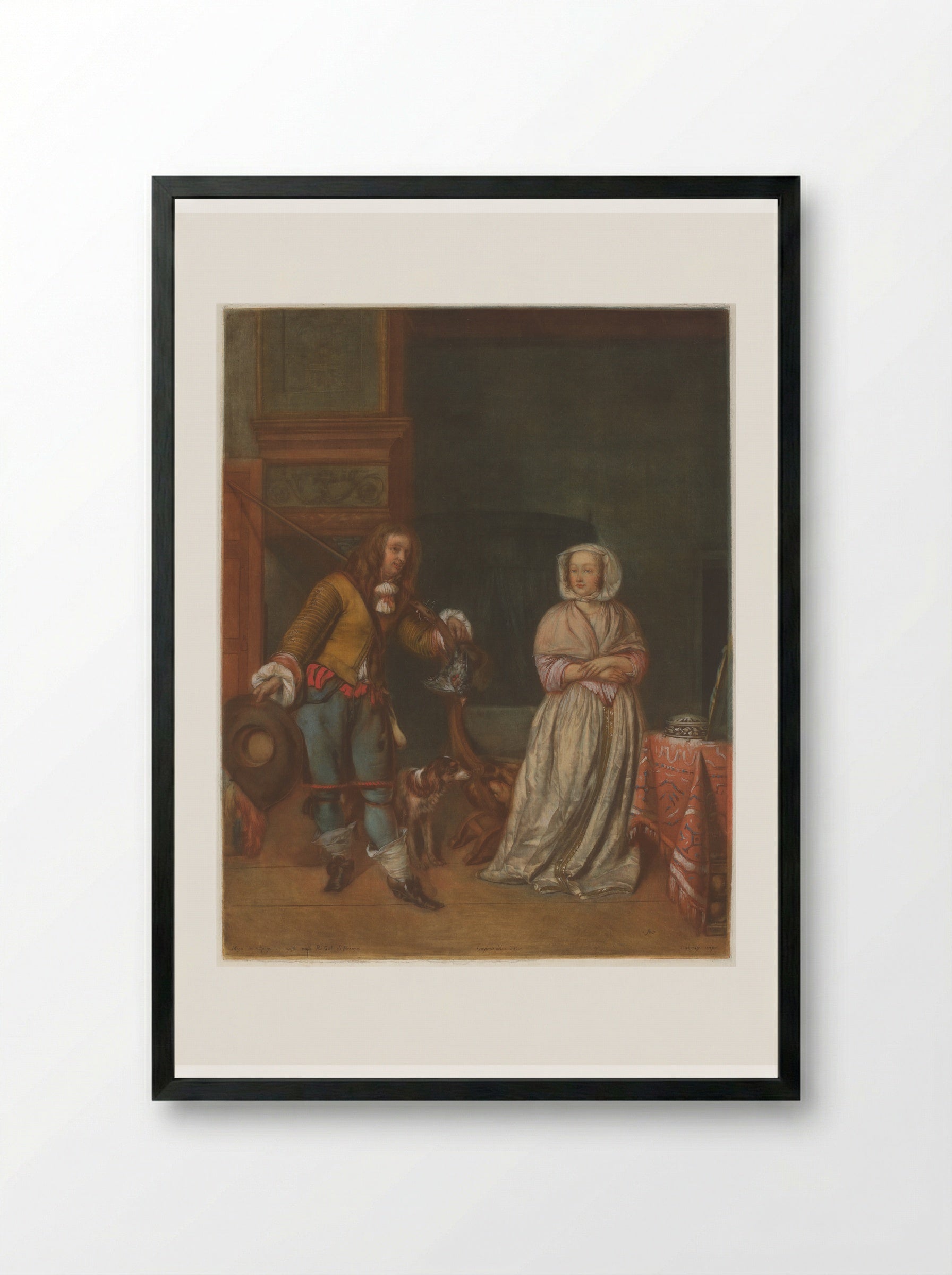 The Huntsman and the Lady - Gabriel Metsu - Framed Print Black