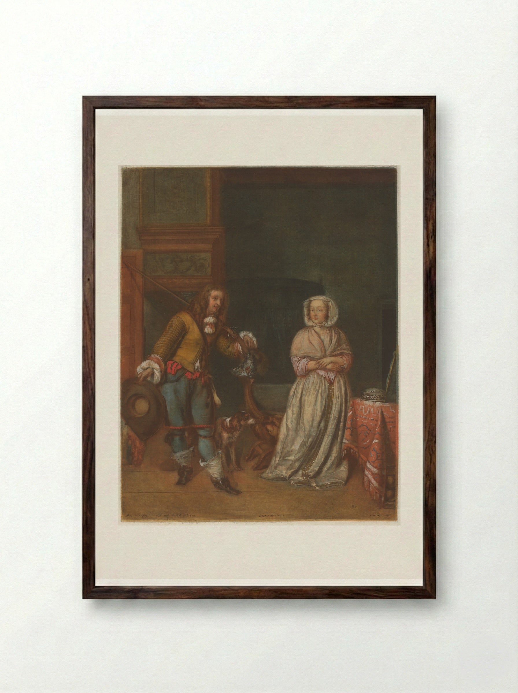 The Huntsman and the Lady - Gabriel Metsu - Framed Print Dark Wood