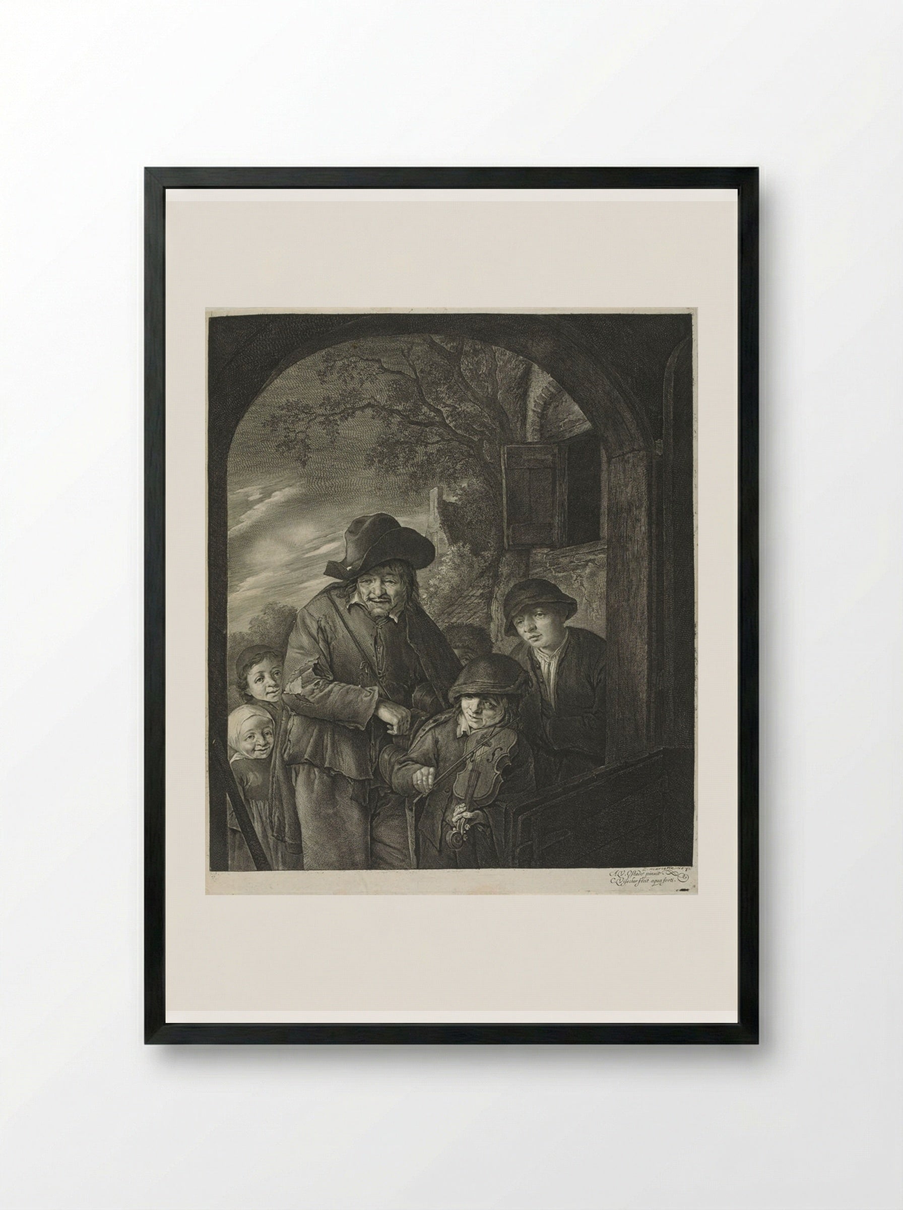 The Hurdy-Gurdy Player - Cornelis Visscher - Framed Print Black