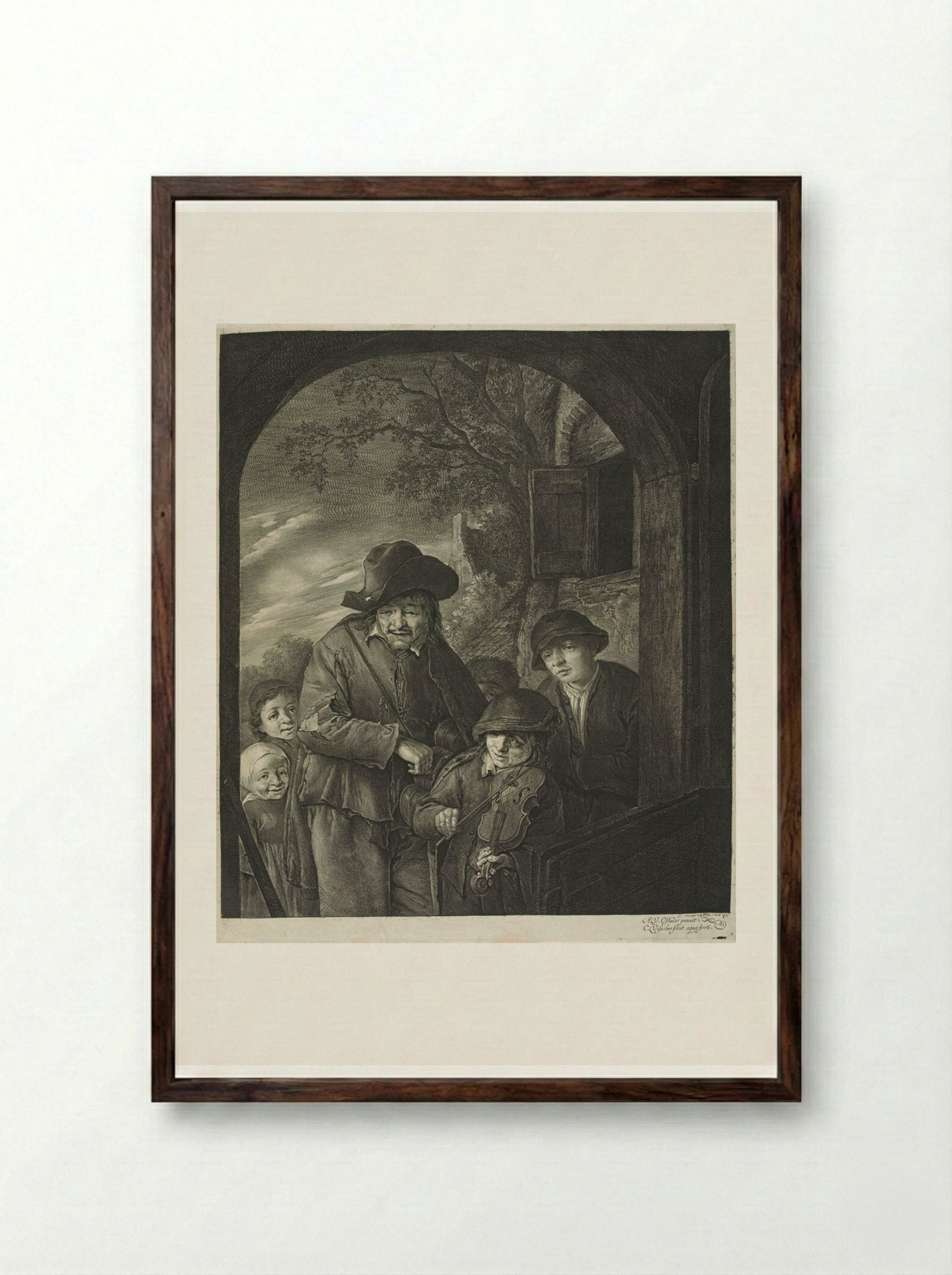 The Hurdy-Gurdy Player - Cornelis Visscher - Framed Print Dark Wood