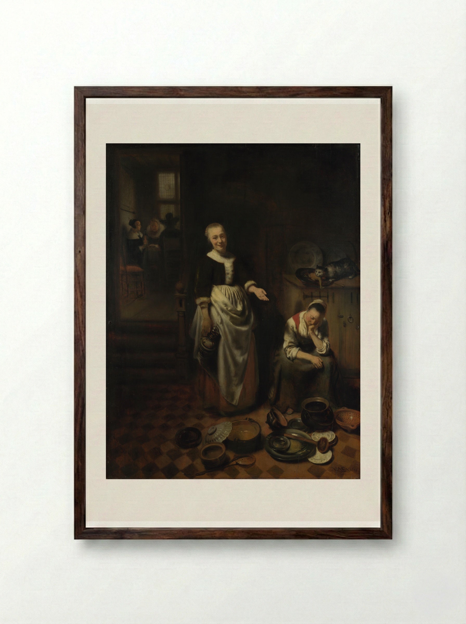 The Idle Servant - Nicolaes Maes - Framed Print Dark Wood