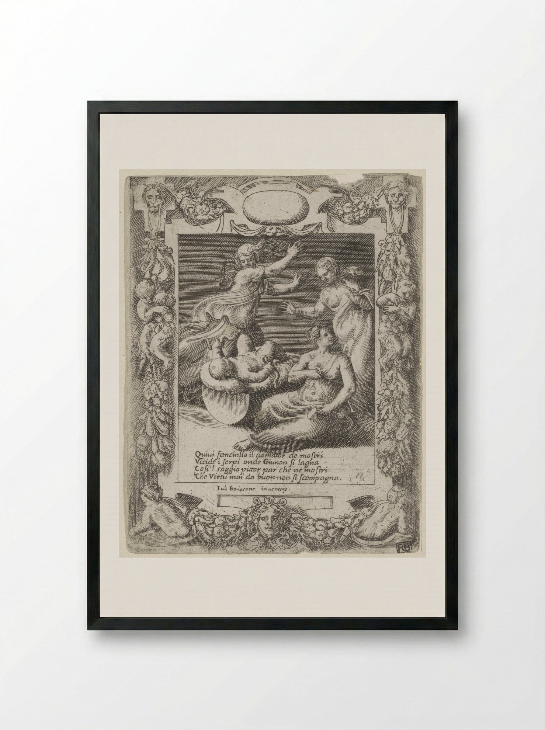 The Infant Hercules Strangling the Serpents - Giulio Bonasone - Framed Print Black