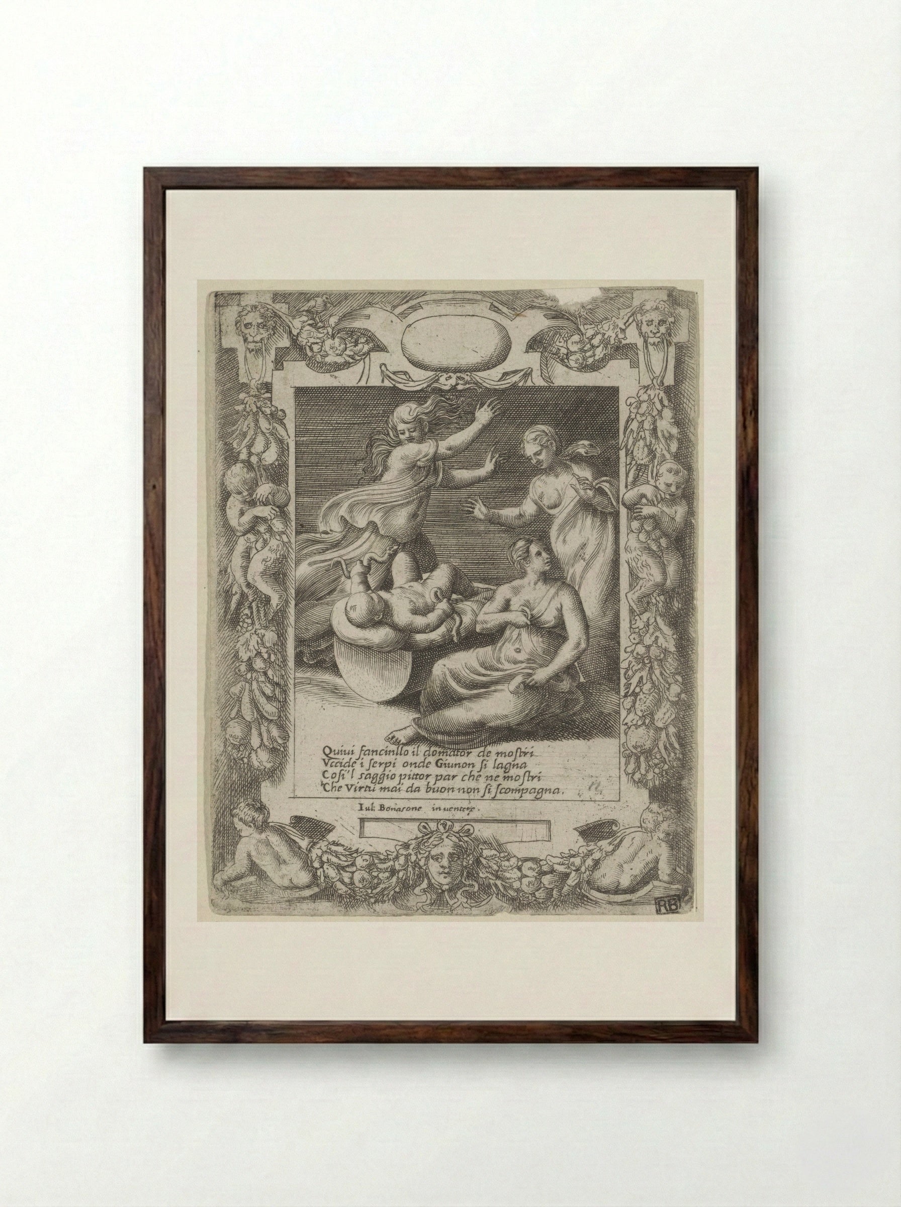 The Infant Hercules Strangling the Serpents - Giulio Bonasone - Framed Print Dark Wood