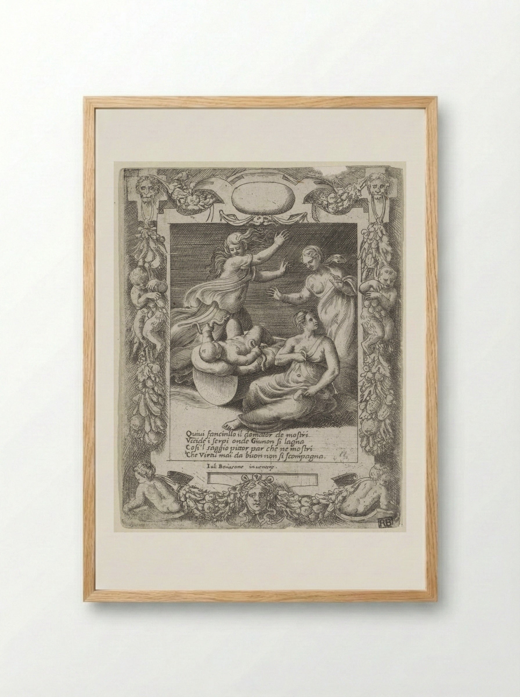 The Infant Hercules Strangling the Serpents - Giulio Bonasone - Framed Print Wood