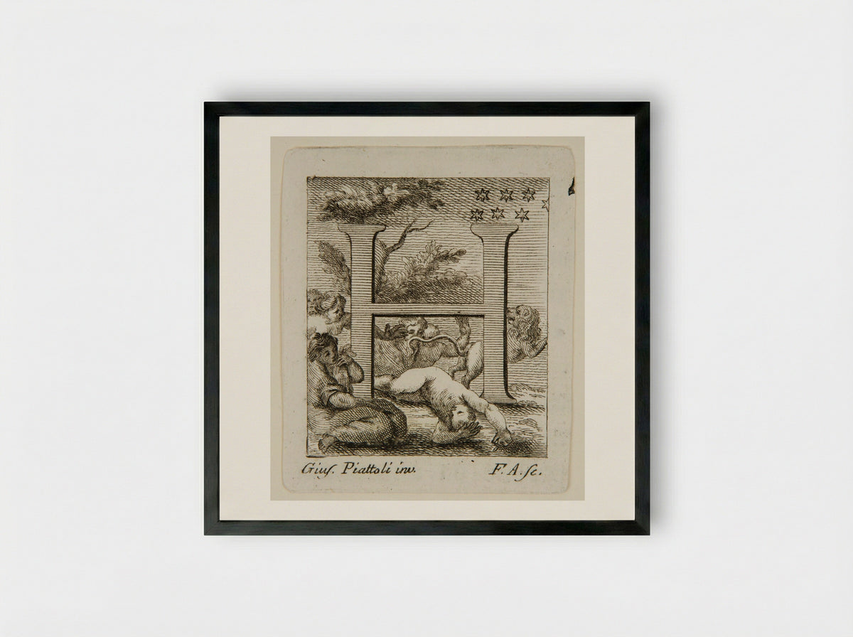 The Initial H with a Nude Woman Mauled by a Lion, Discovered by Friends - Francesco Allegrini - Framed Print Black