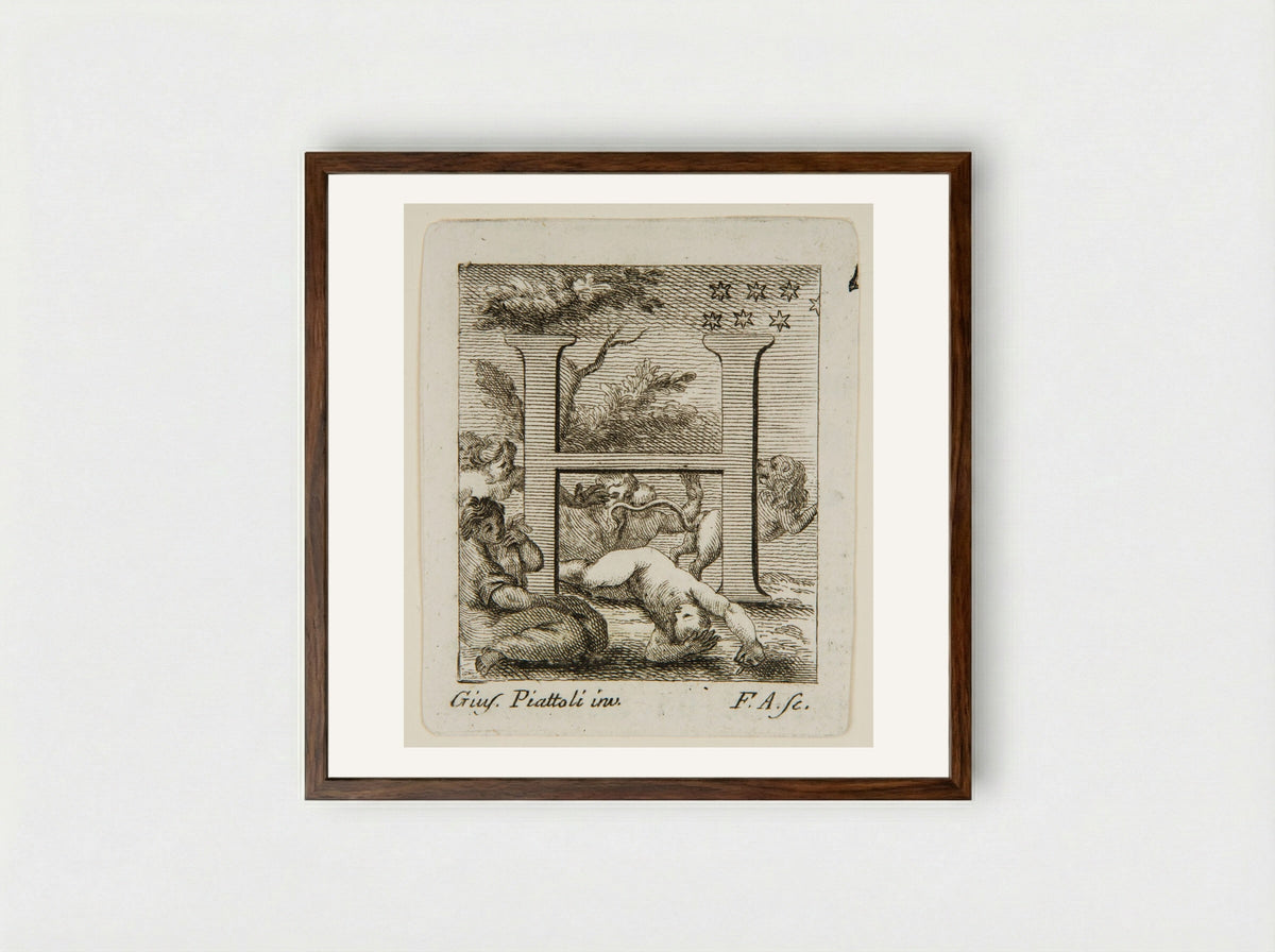 The Initial H with a Nude Woman Mauled by a Lion, Discovered by Friends - Francesco Allegrini - Framed Print Dark Wood