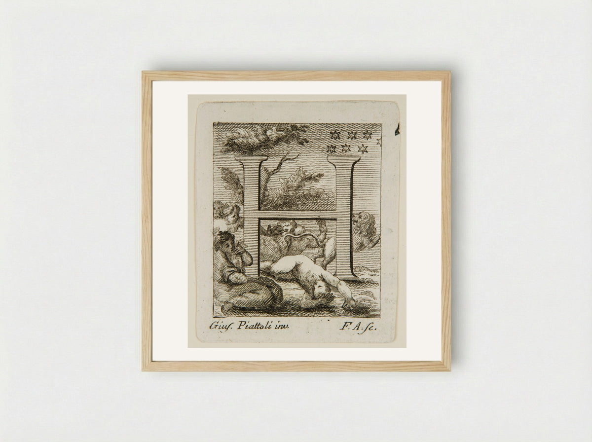 The Initial H with a Nude Woman Mauled by a Lion, Discovered by Friends - Francesco Allegrini - Framed Print Wood