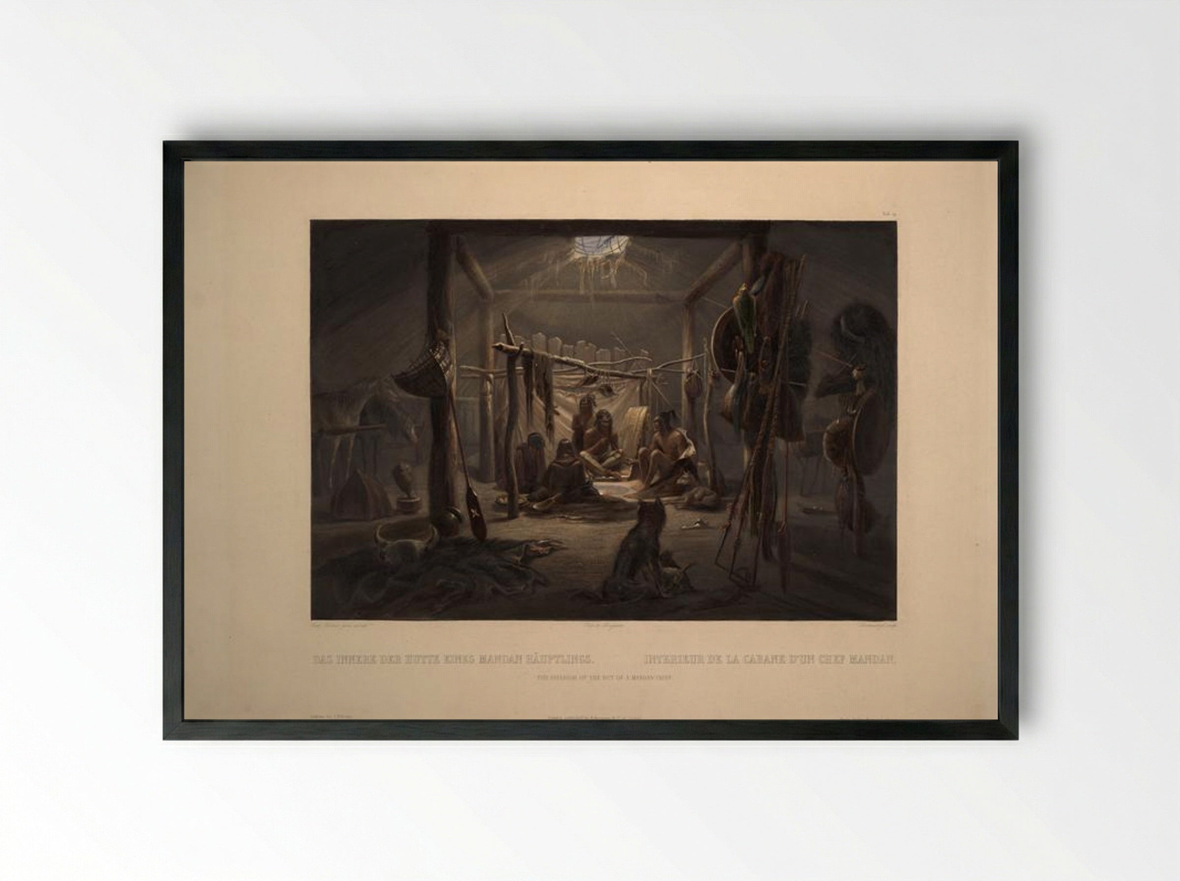 The Interior of a Hut of a Mandan Chief - Karl Bodmer - Framed Print Black