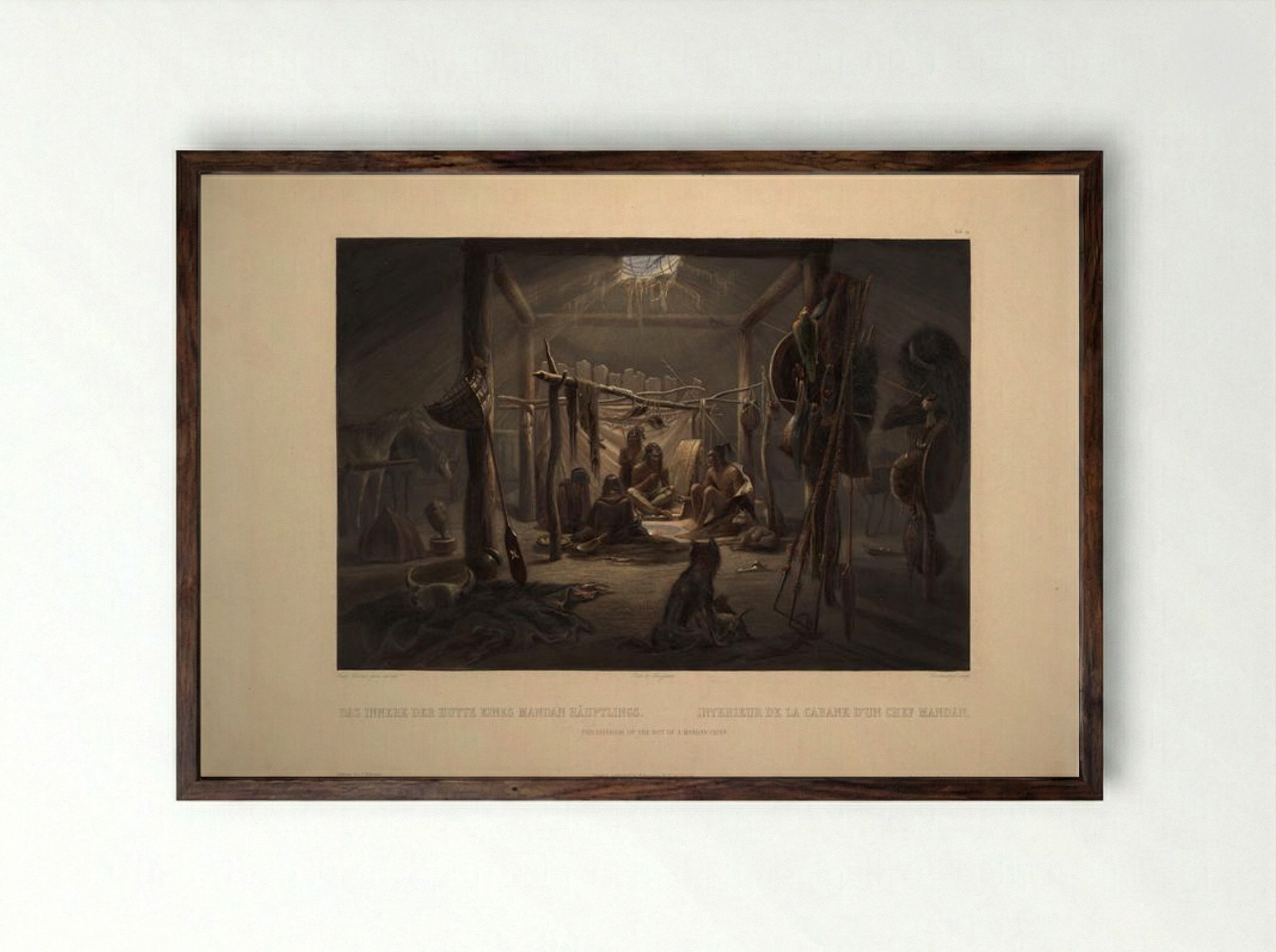 The Interior of a Hut of a Mandan Chief - Karl Bodmer - Framed Print Dark Wood