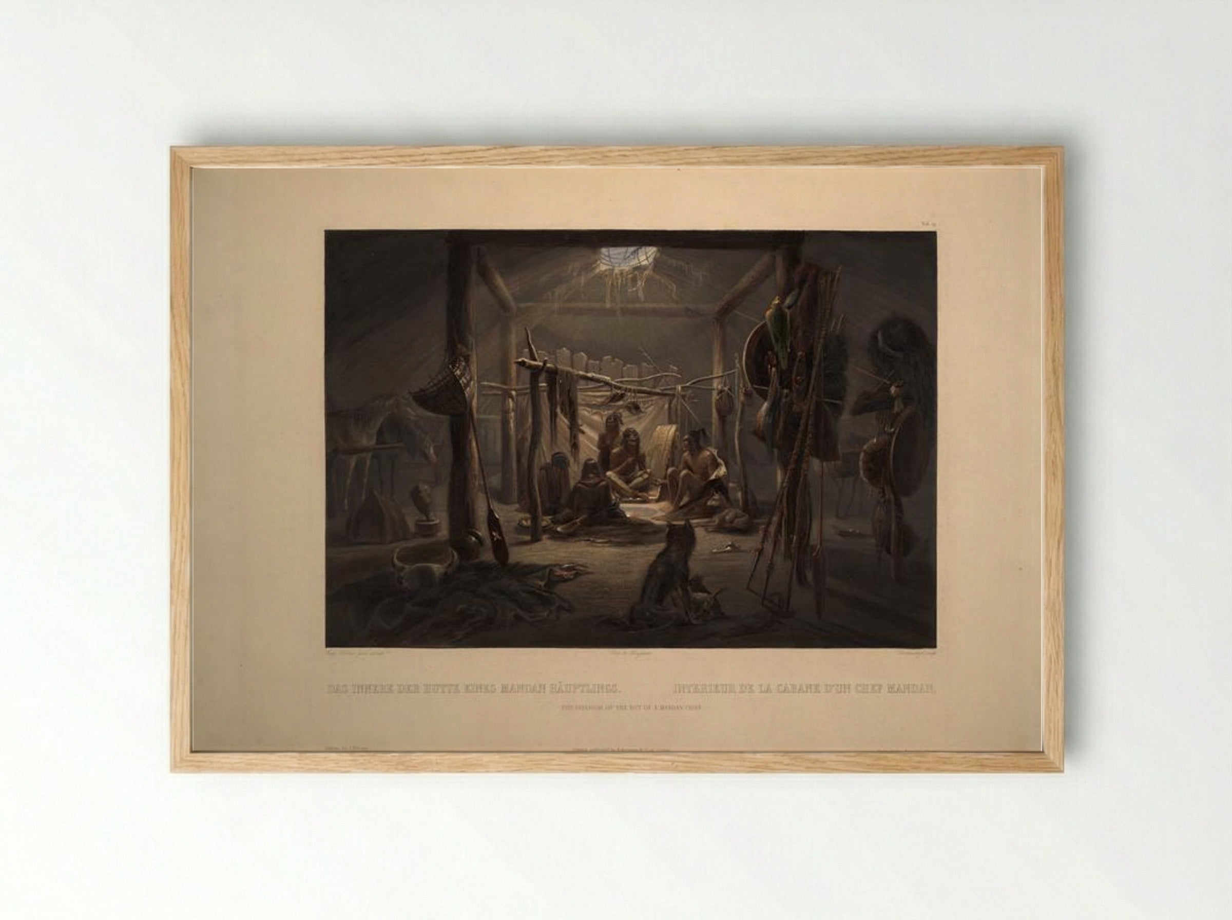 The Interior of a Hut of a Mandan Chief - Karl Bodmer - Framed Print Wood