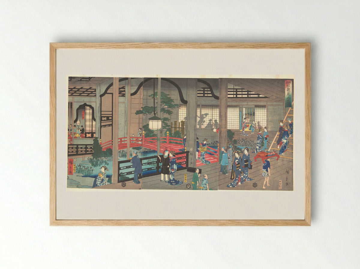 The Interior of the Gankiro Tea House in Yokohama - Suzuki Hiroshige II - Framed Print Wood