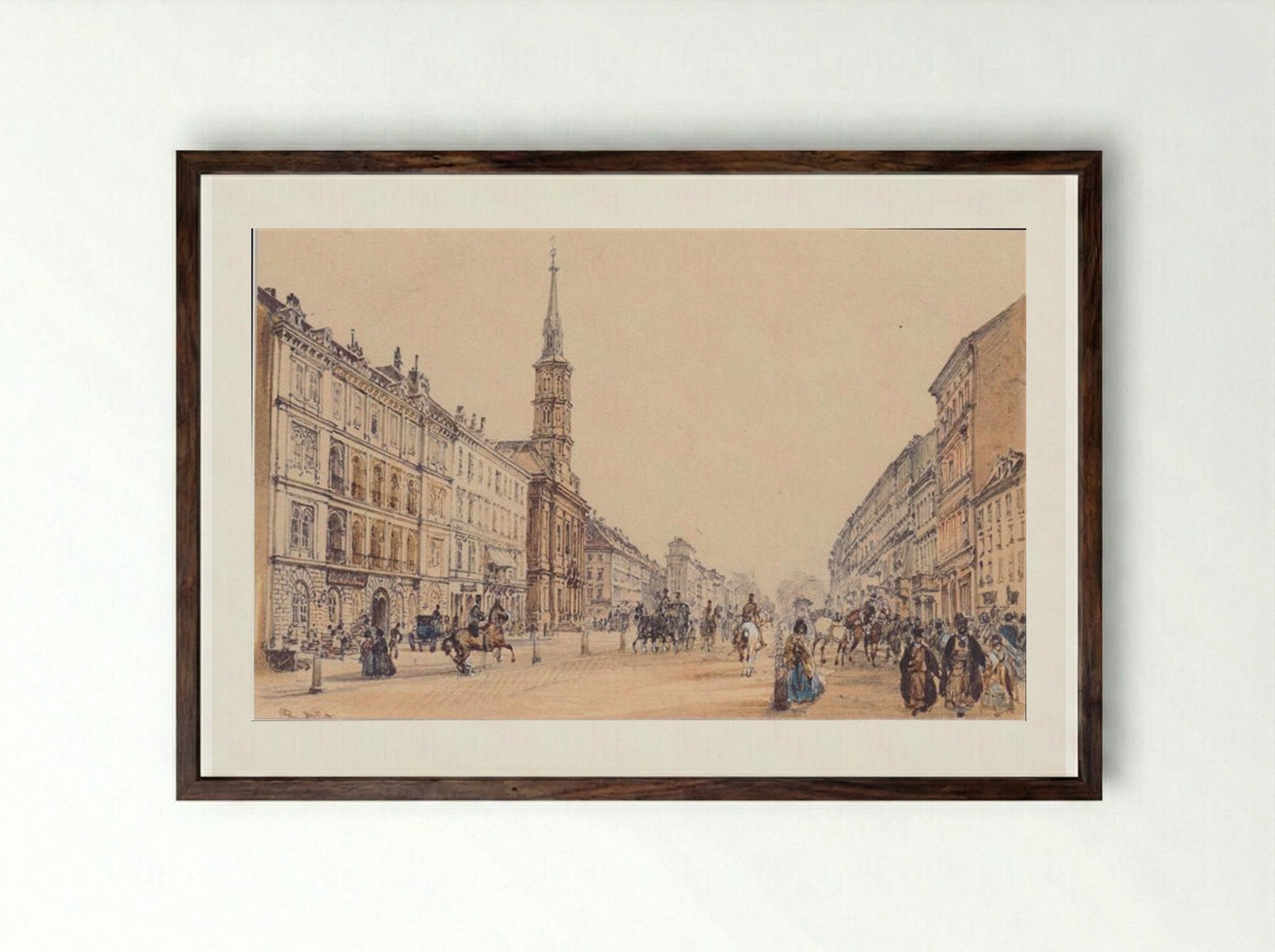 The Jägerzeile in Vienna - Rudolf von Alt - Framed Print Dark Wood