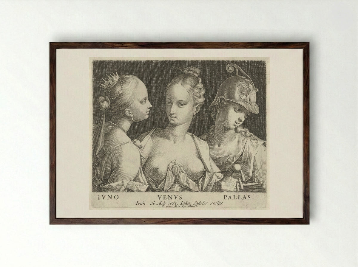 The Judgement of Paris: Juno, Venus, and Pallas - Johann Sadeler I - Framed Print Dark Wood