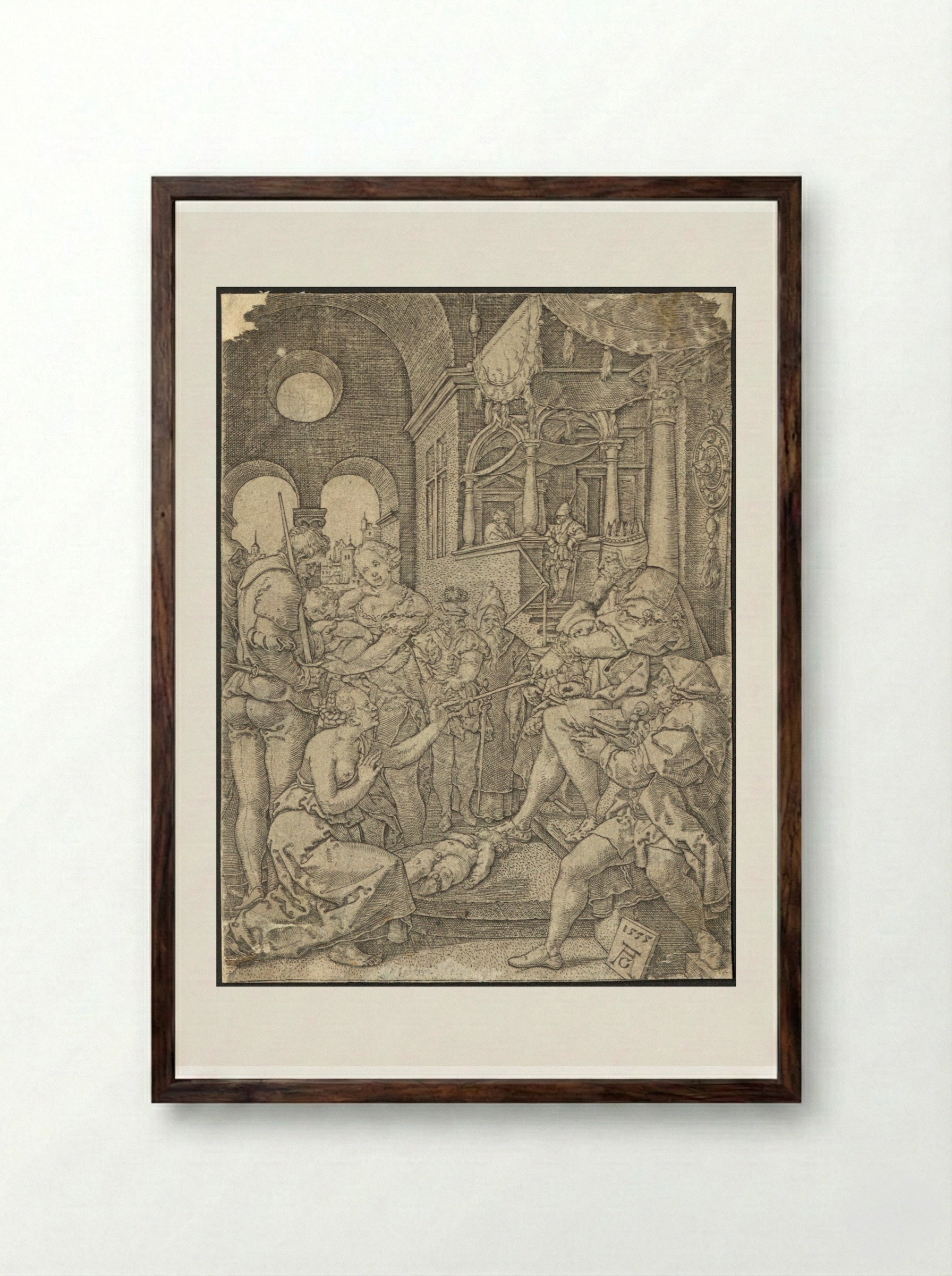 The Judgment of Solomon - Heinrich Aldegrever - Framed Print Dark Wood