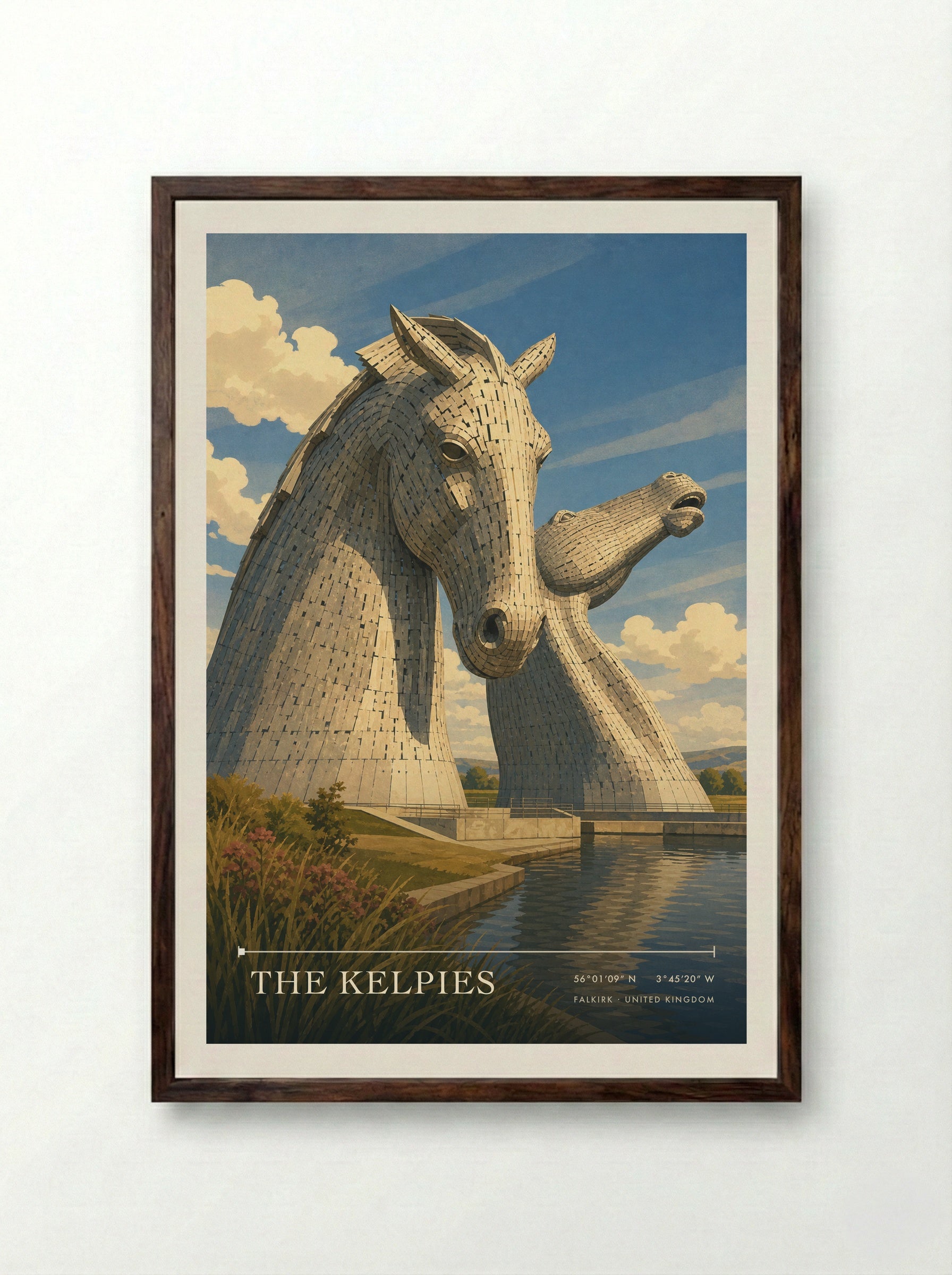 The Kelpies Falkirk United Kingdom Travel Poster - Framed Print Dark Wood
