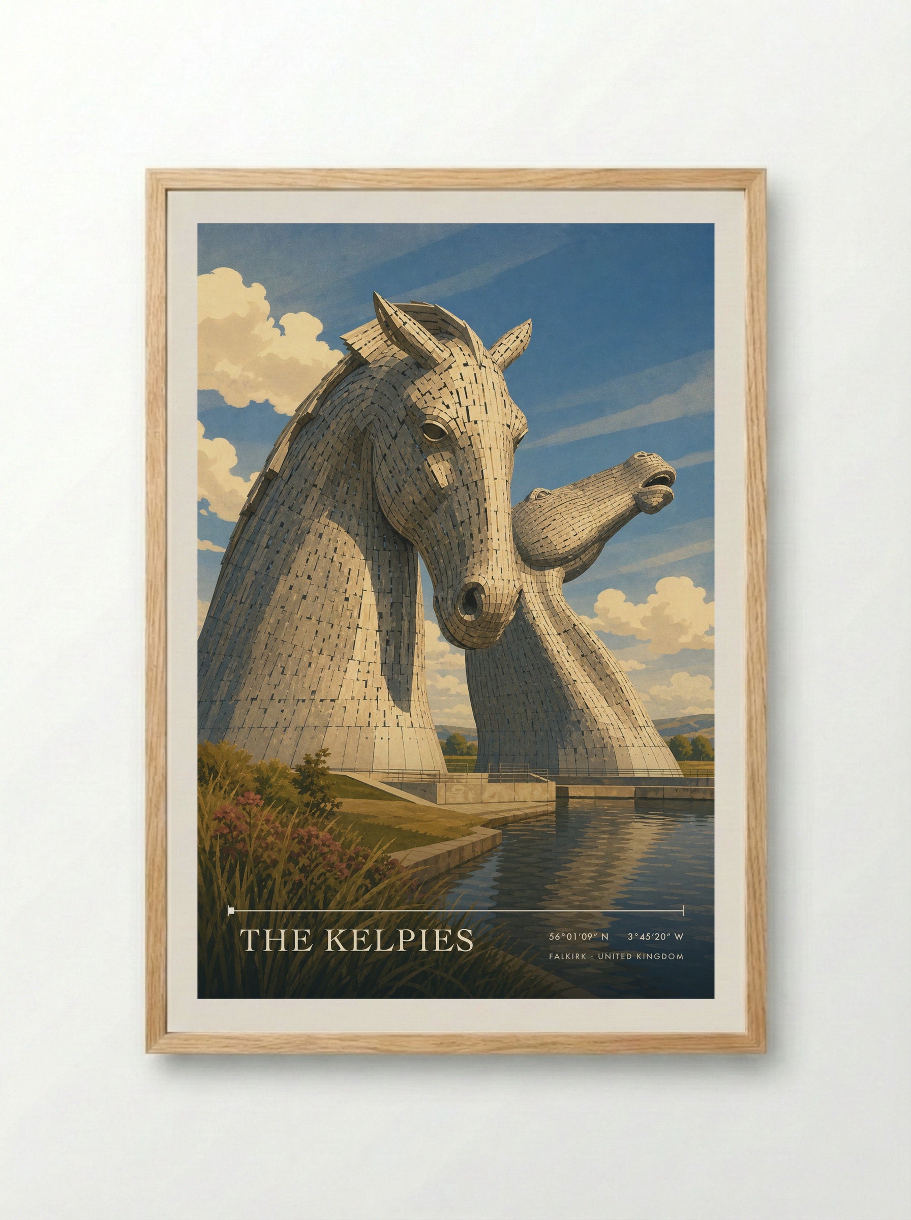 The Kelpies Falkirk United Kingdom Travel Poster - Framed Print Wood