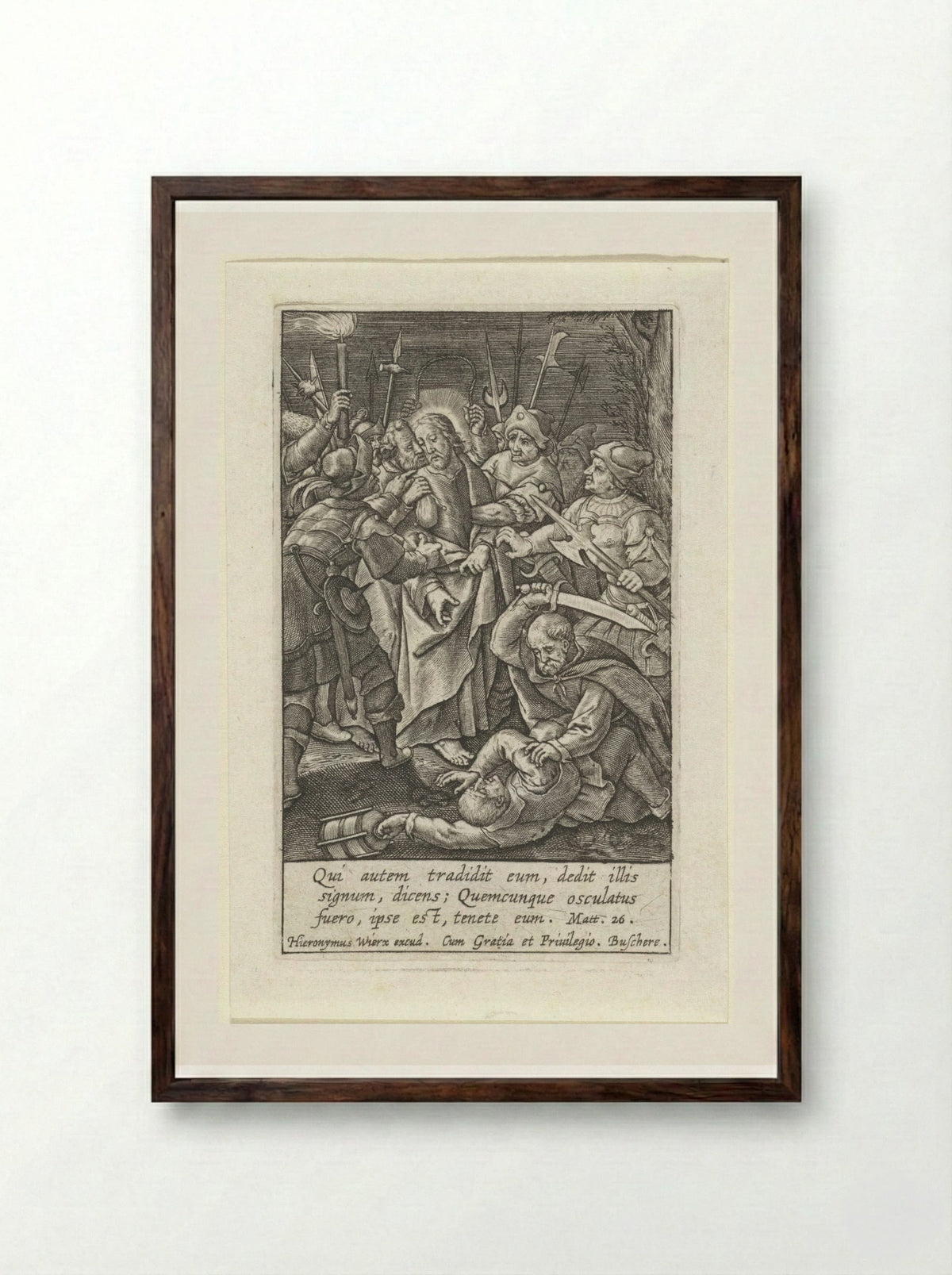 The Kiss of Judas and the Arrest of Christ - Hieronymus Wierix - Framed Print Dark Wood