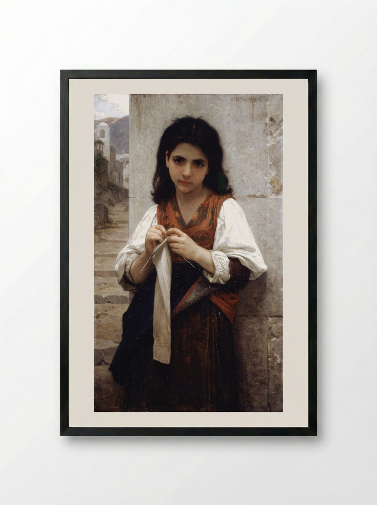The Knitting Girl - William-Adolphe Bouguereau - Framed Print Black