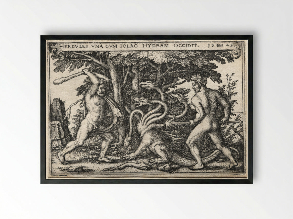 The Labours of Hercules: Hercules and Iolaus Slaying the Hydra - Hans Sebald Beham - Framed Print Black