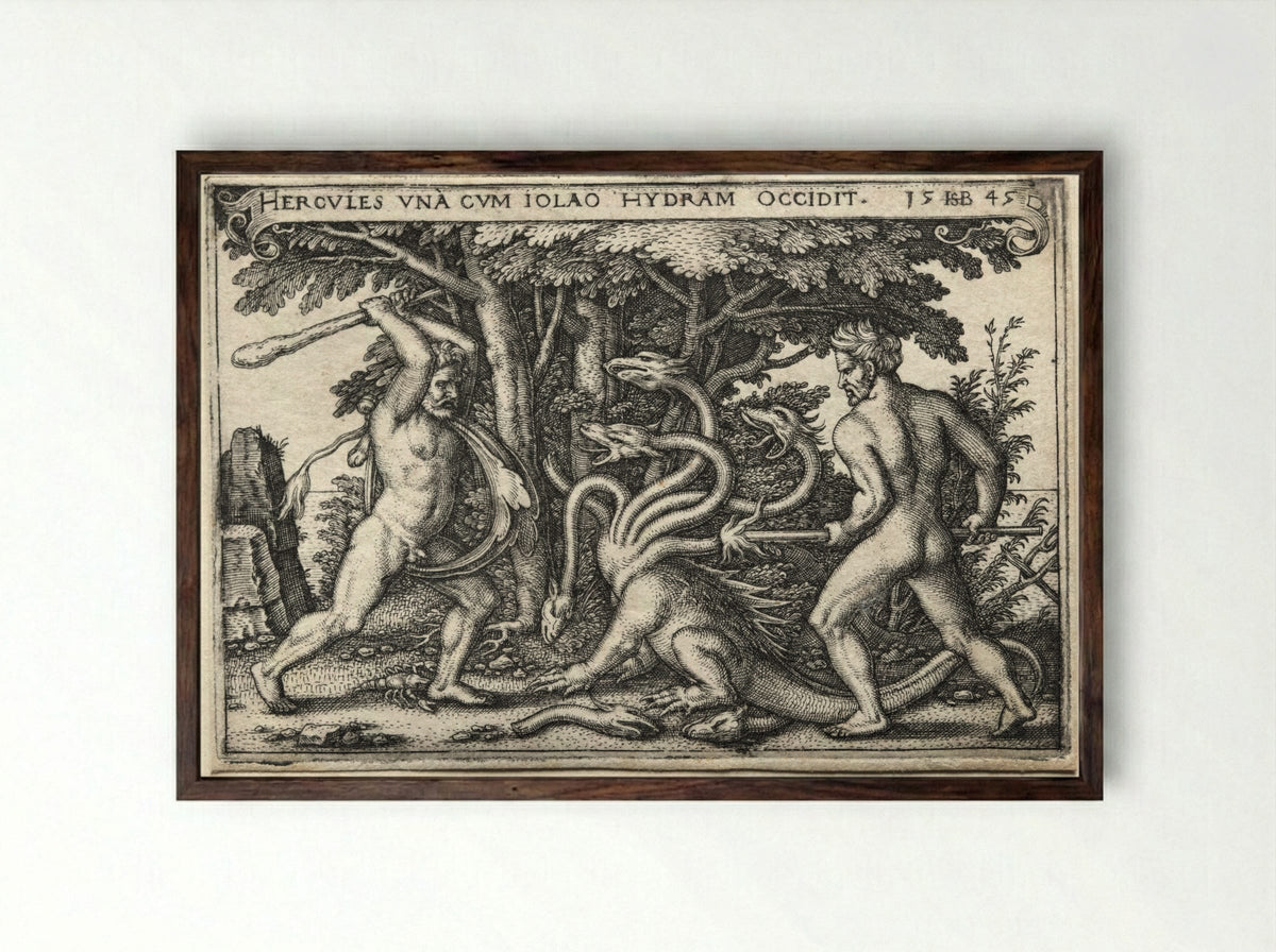 The Labours of Hercules: Hercules and Iolaus Slaying the Hydra - Hans Sebald Beham - Framed Print Dark Wood