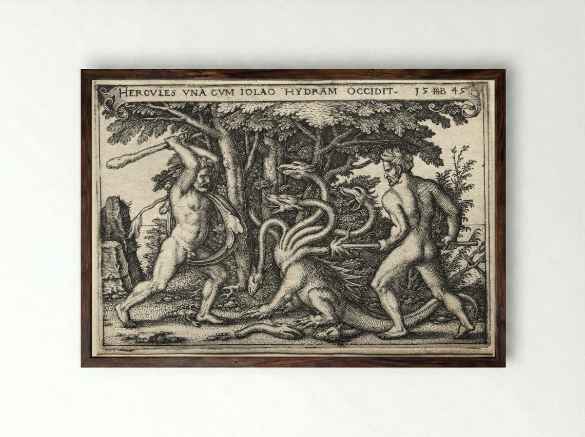 The Labours of Hercules: Hercules and Iolaus Slaying the Hydra - Hans Sebald Beham - Framed Print Dark Wood