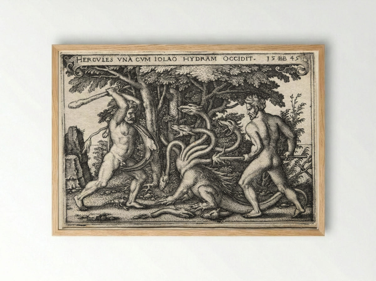 The Labours of Hercules: Hercules and Iolaus Slaying the Hydra - Hans Sebald Beham - Framed Print Wood