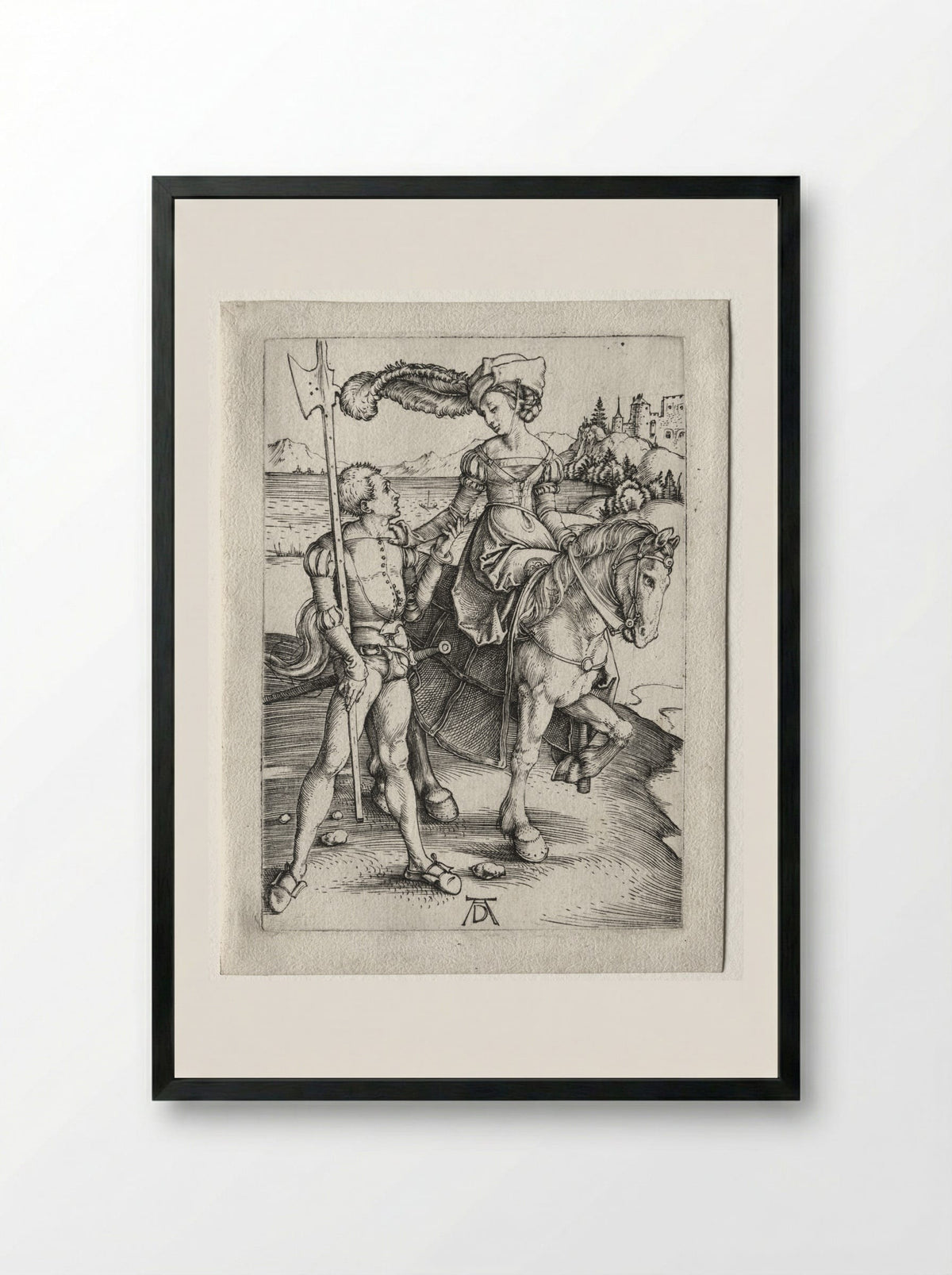 The Lady Riding and the Landsknecht - Albrecht Dürer - Framed Print Black
