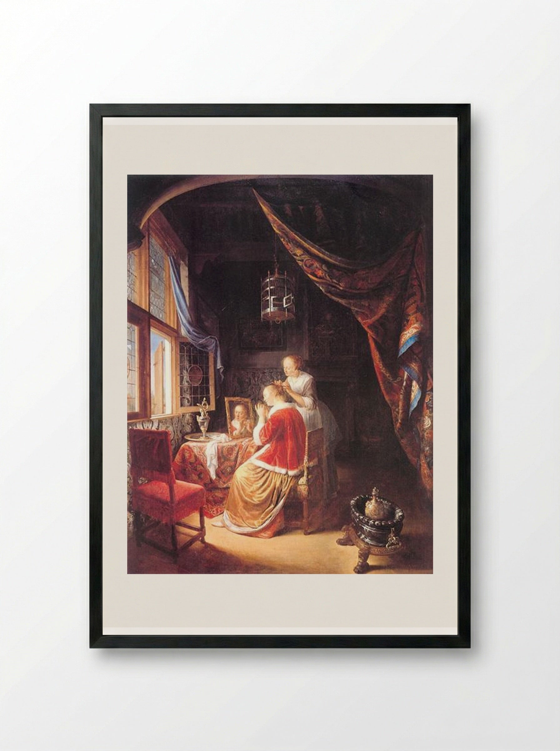 The Lady at Her Dressing Table - Gerrit Dou - Framed Print Black